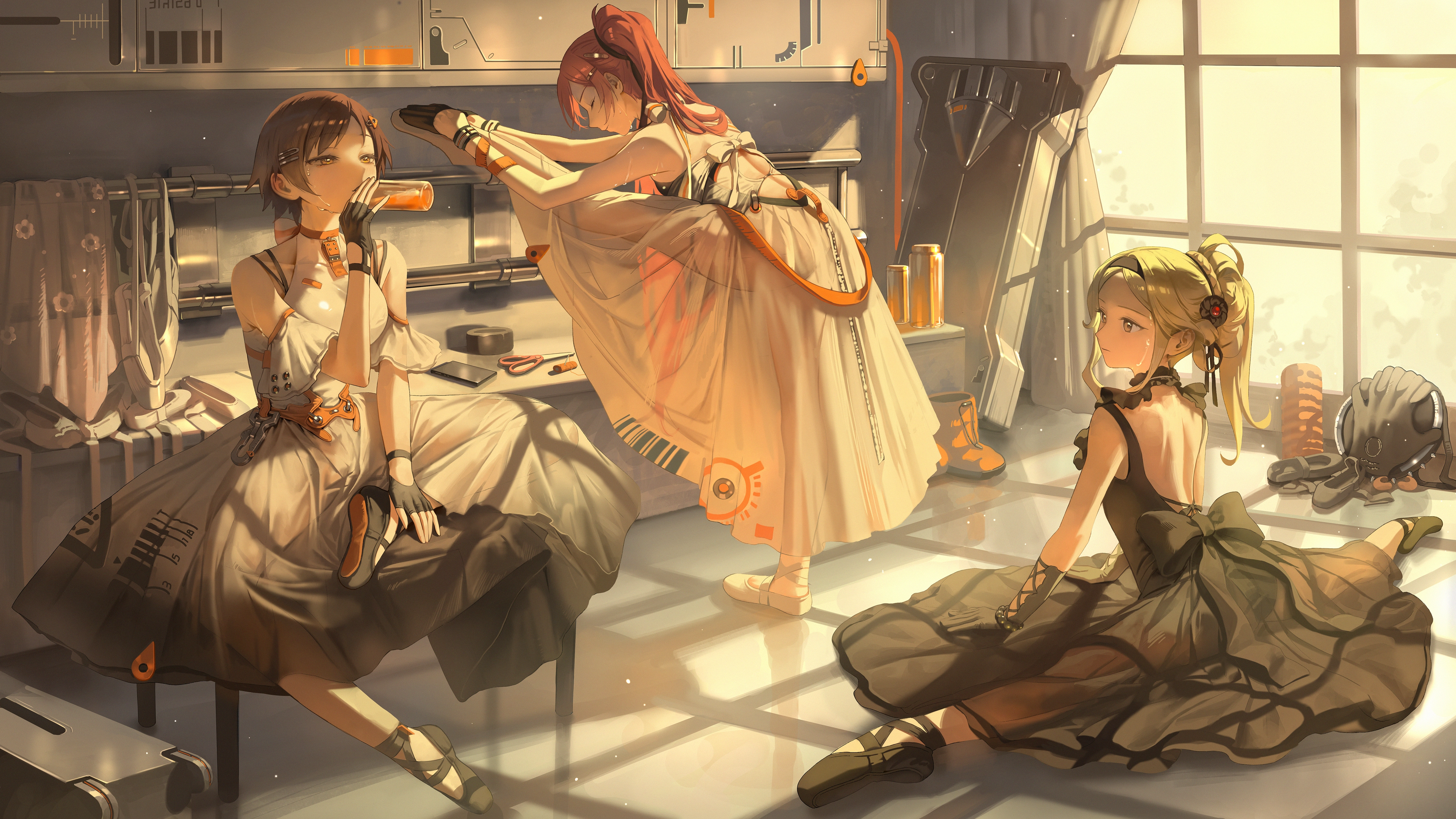 棕色眼睛 棕色头发 连衣裙 饮料 手套 灰色头发 头带 长发 红发 透视 短发 分开腿 心悦,第1张