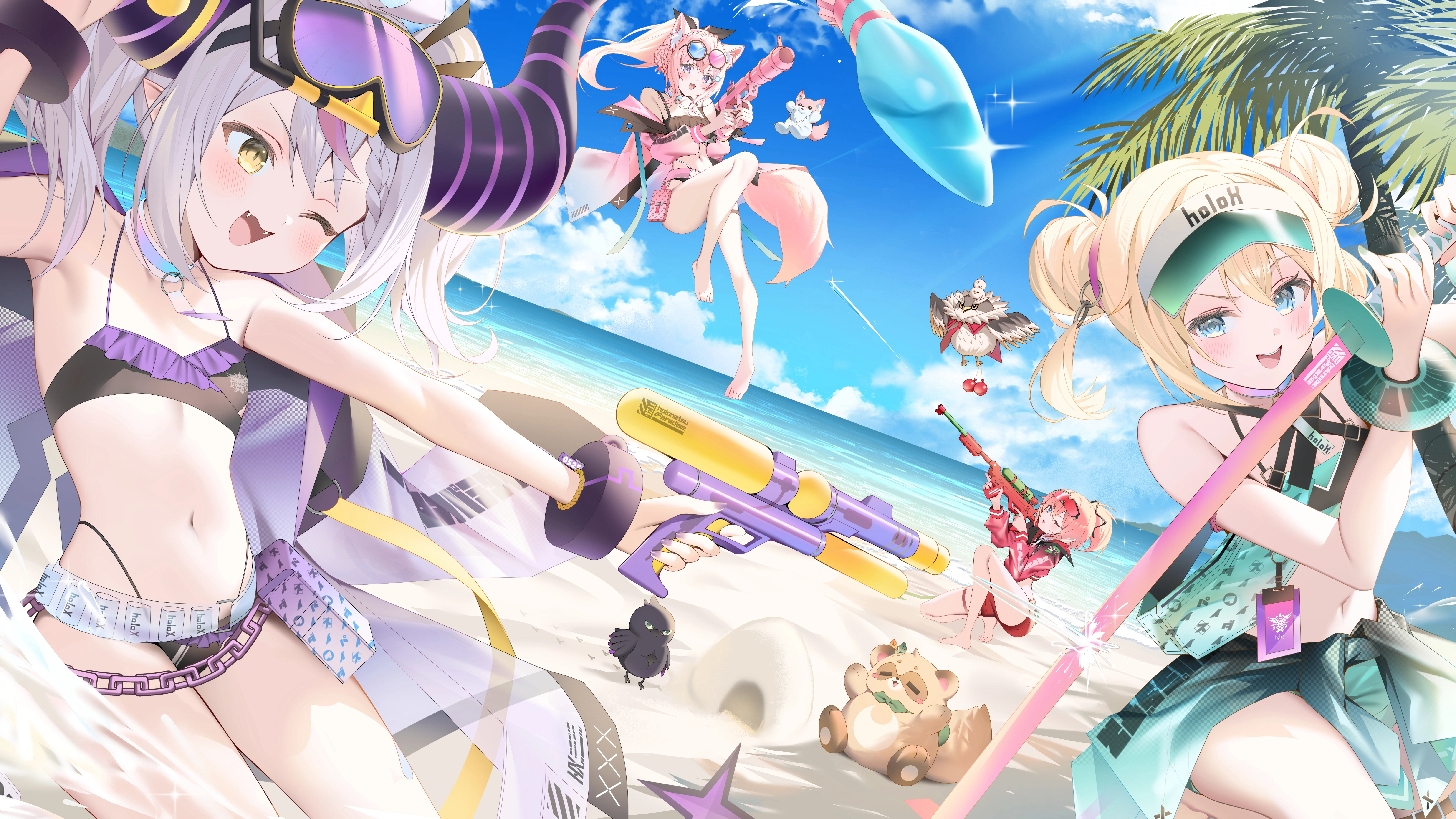 赤脚 海滩 比基尼 辫子 云 吊袜带 团体 枪 虚拟主播 牛角 肚脐 马尾 短裤 天空,第1张