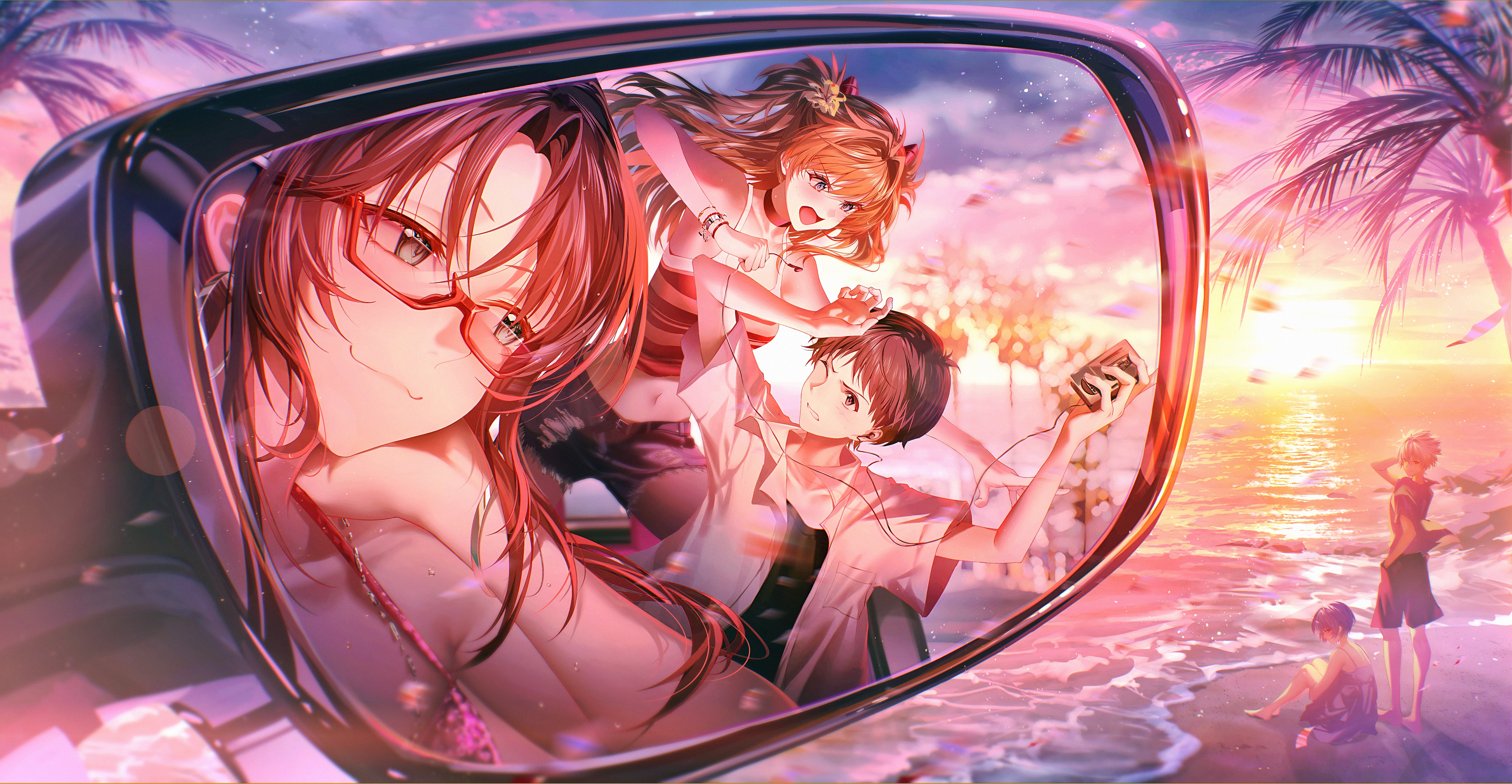 海滩黑发蓝发棕发猫微笑云连衣裙眼镜男性镜肚脐反射短裤天空夏天日落树水,第1张