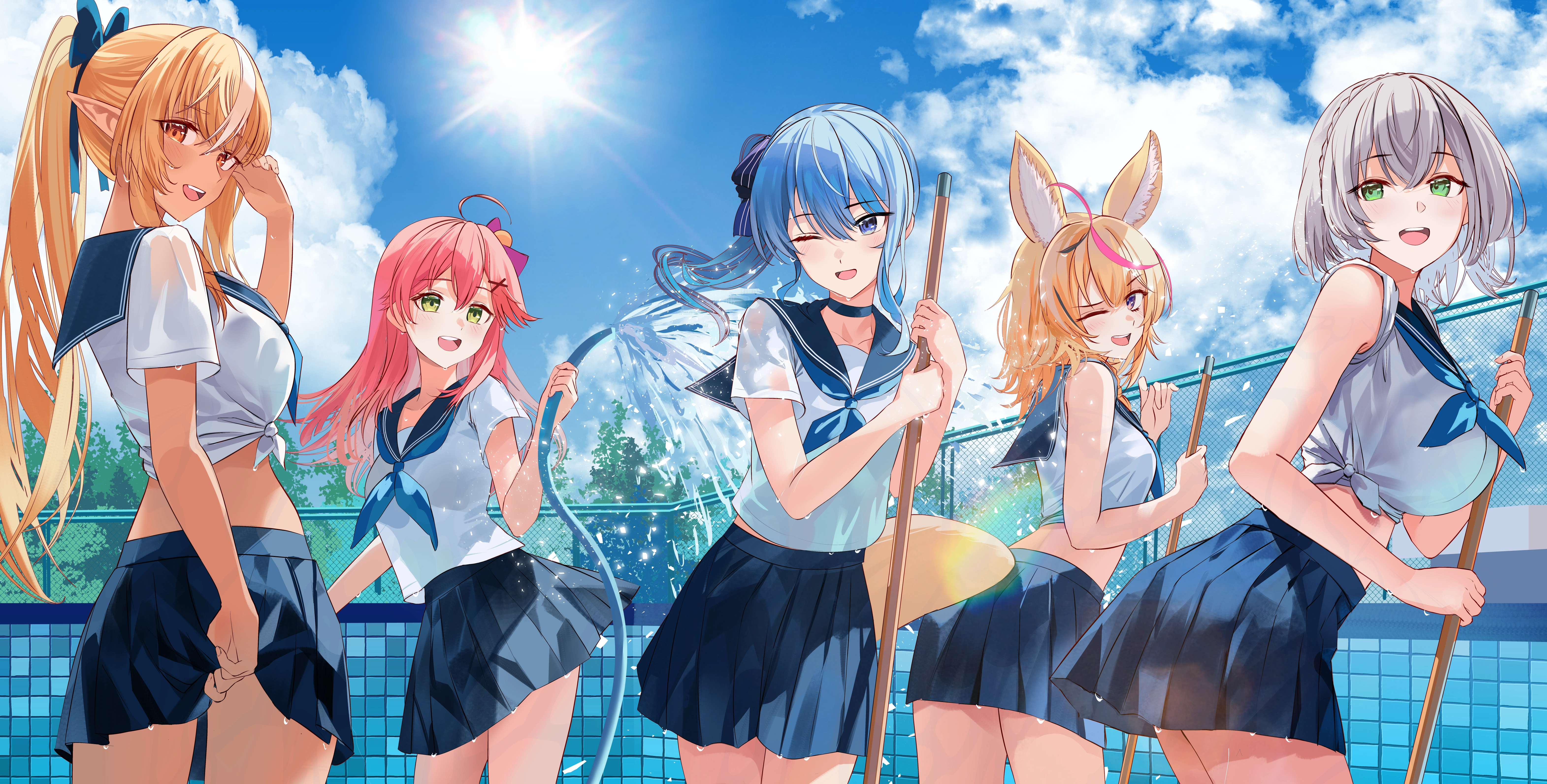 蓝眼睛脸红蝴蝶结辫子项圈云深皮肤狐女孩团体虚拟主播粉发马尾泳池T恤裙天空夏日树湿水,第1张