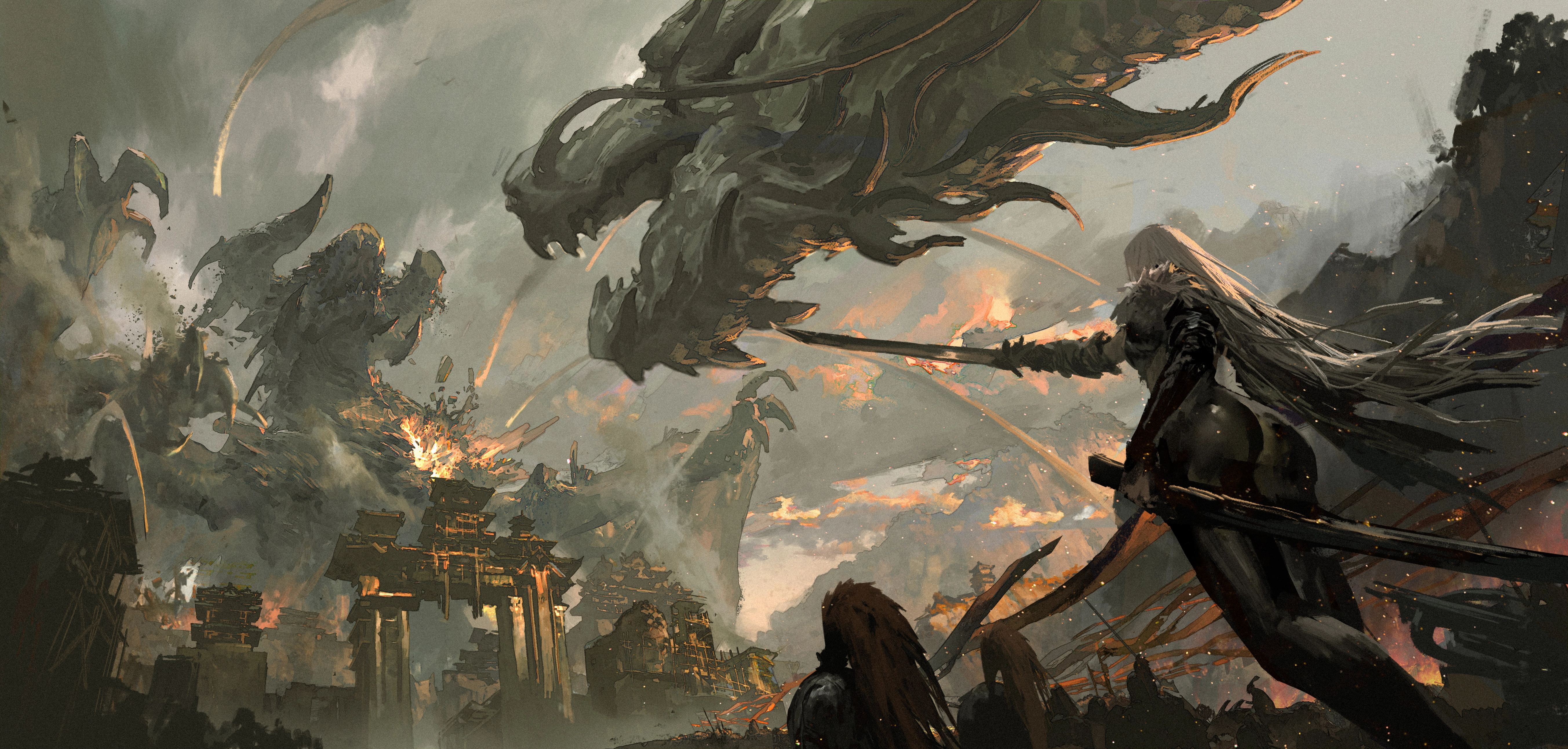 建筑 披肩云 龙 画家 长发 废墟_紧身 天空 剑 破烂的衣服 武器 白发,第1张