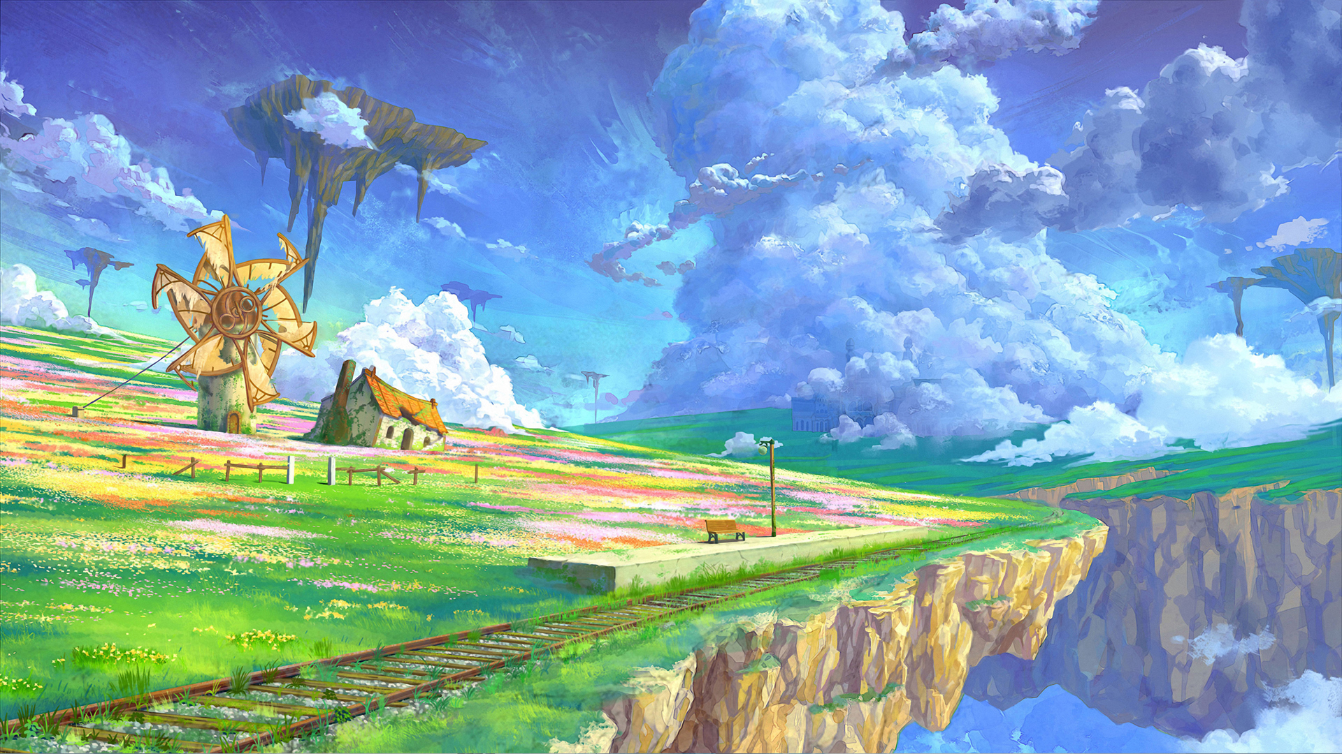 天空之岛 绿草地鲜花 美丽风景桌面壁纸,第1张