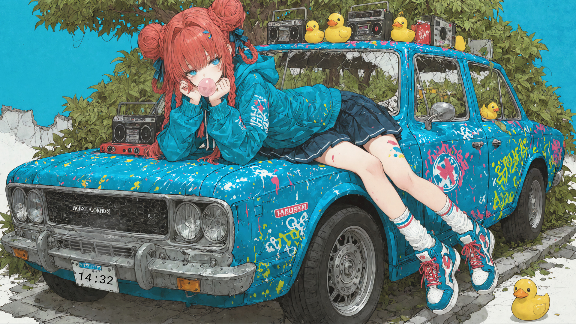 小涂真纪 汽车 涂鸦风桌面壁纸,第1张