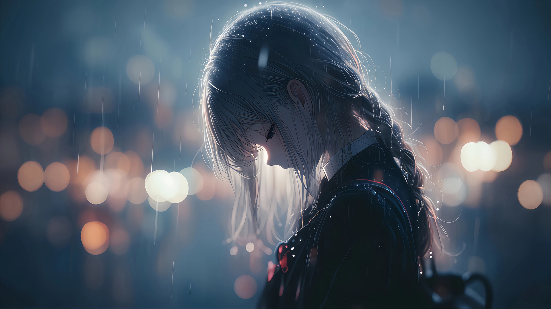 双马尾少女 夜景 灯光 雨中 动漫壁纸电脑桌面,第1张