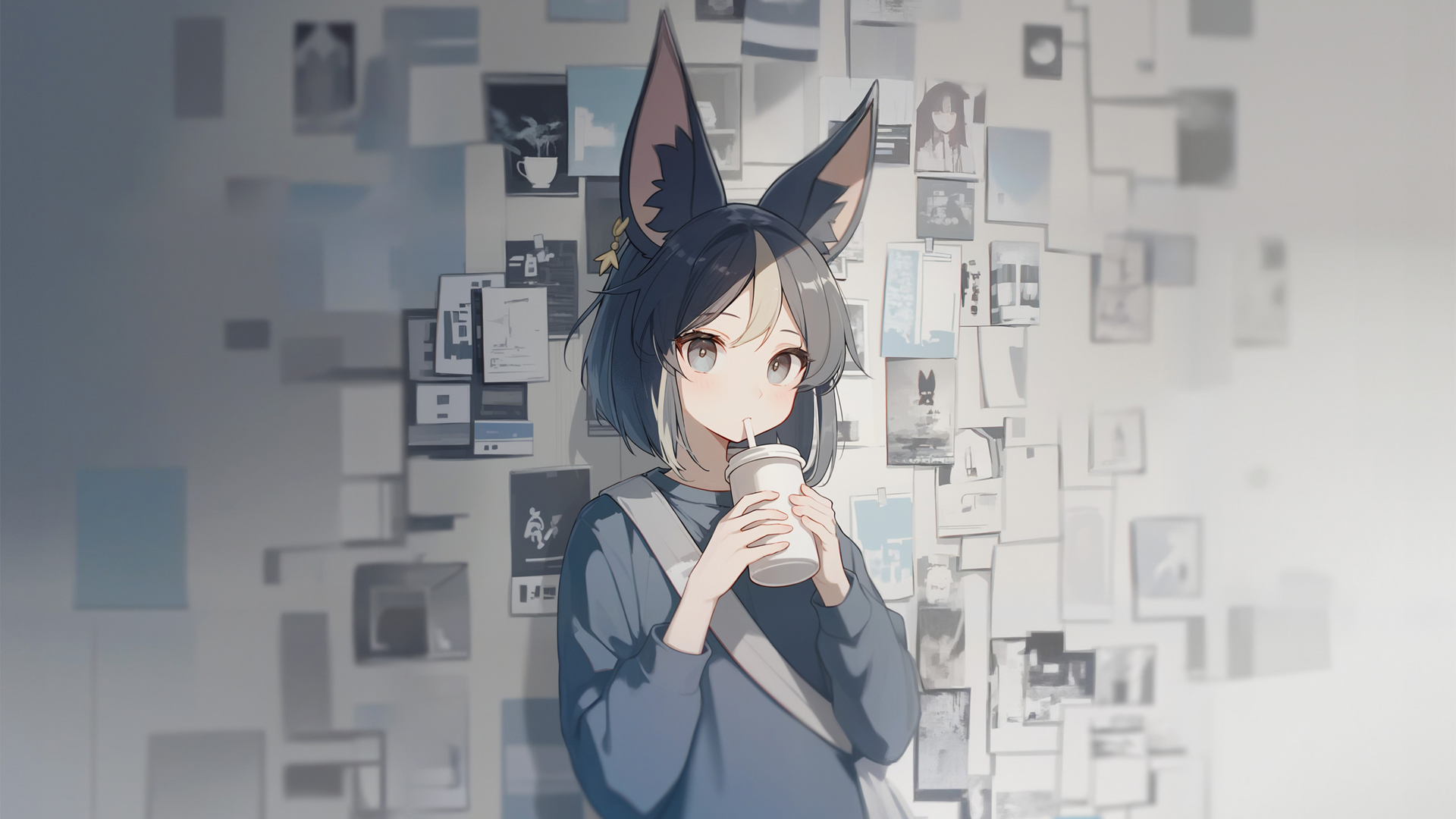 喝奶茶的小女孩 兽耳 照片墙 动漫壁纸电脑桌面,第1张