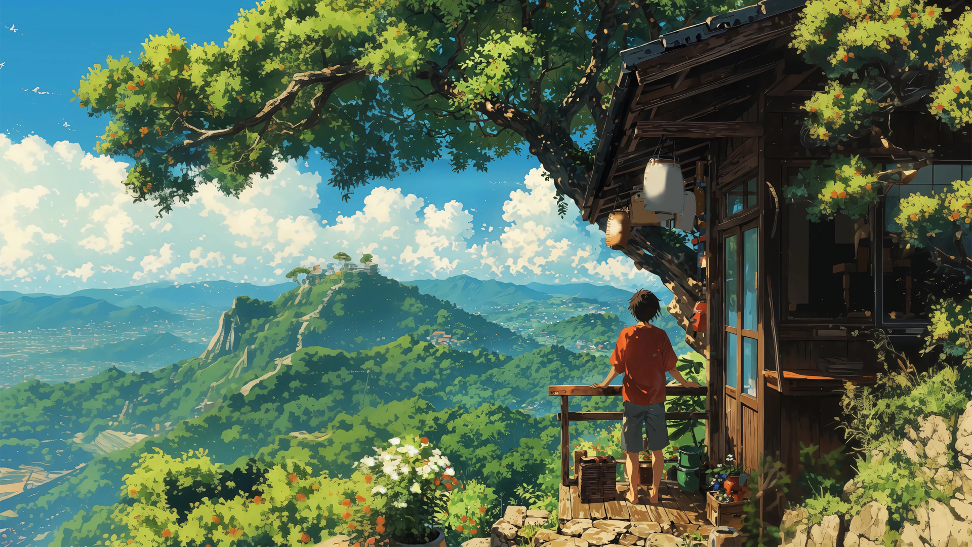山居夏望 小房子 男孩 风景桌面壁纸,第1张
