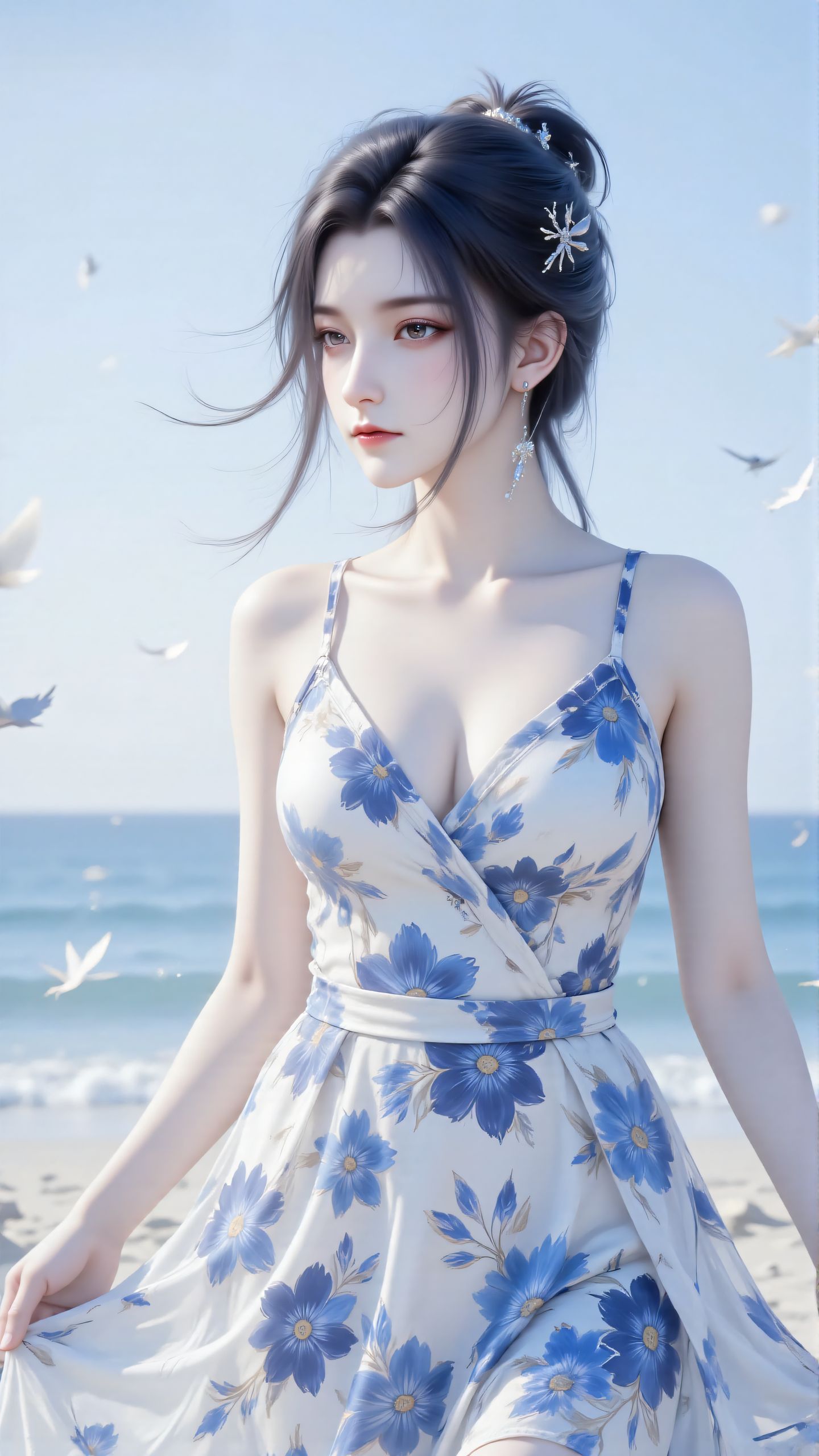 诛仙陆雪琪现代碎花裙壁纸 海边沙滩 超美颜值,第1张