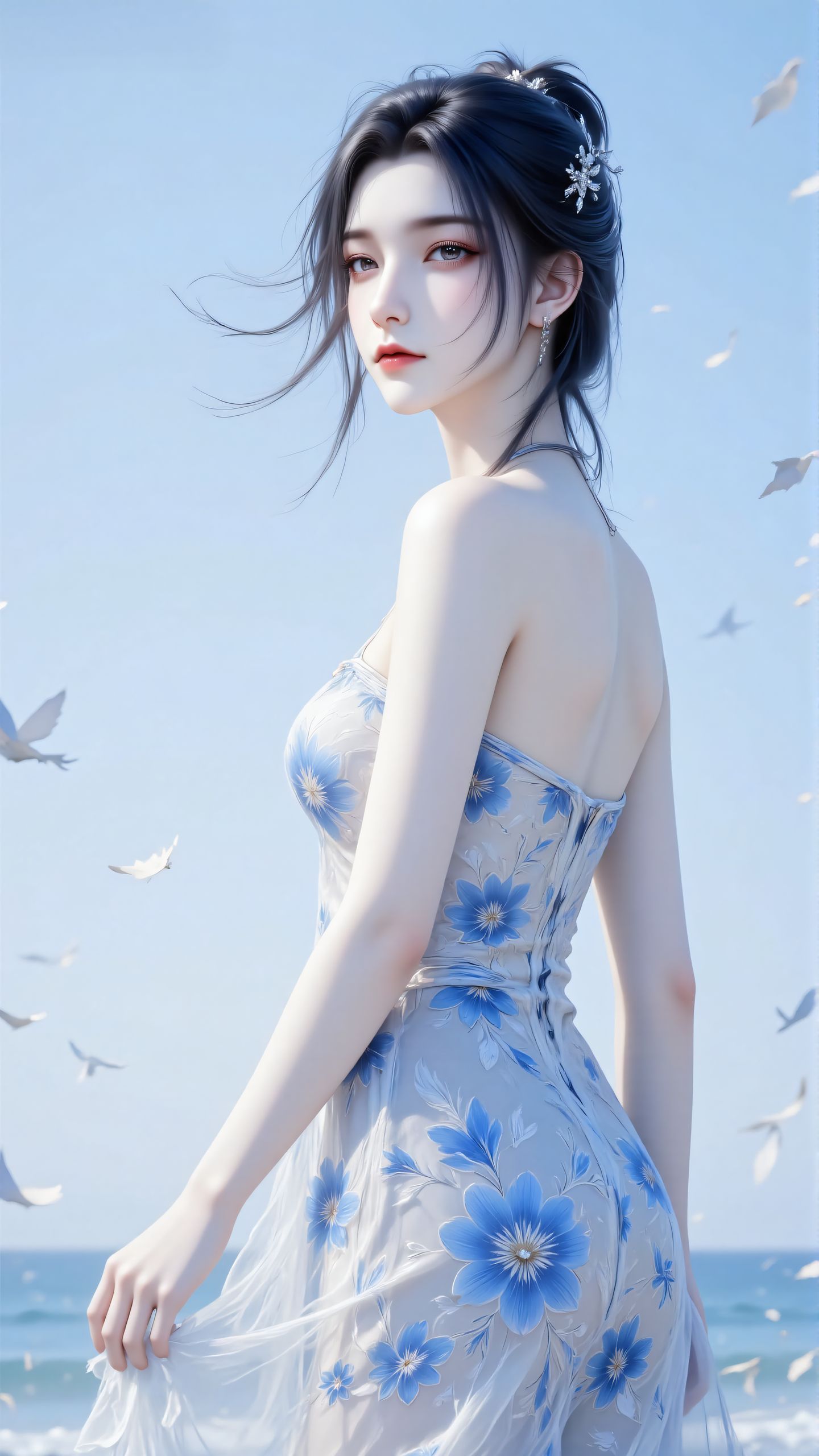 诛仙陆雪琪现代碎花裙壁纸 海边沙滩 超美颜值,第3张