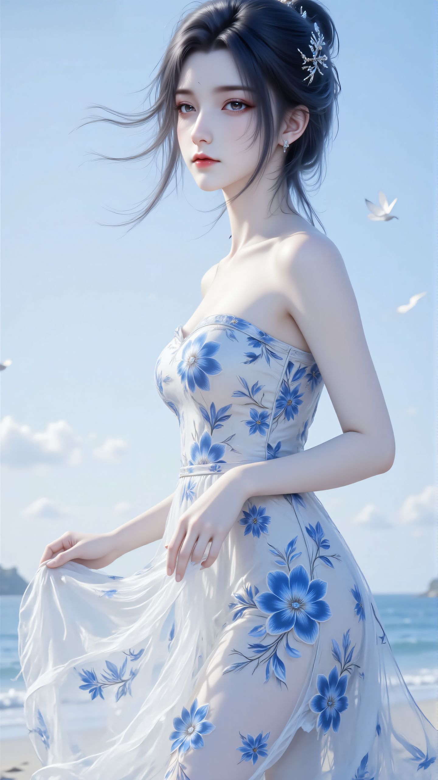 诛仙陆雪琪现代碎花裙壁纸 海边沙滩 超美颜值,第4张