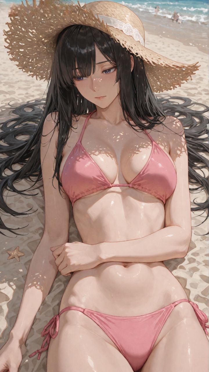 海边沙滩泳装 完美身材 草帽 颜值二次元美女 比基尼,第2张