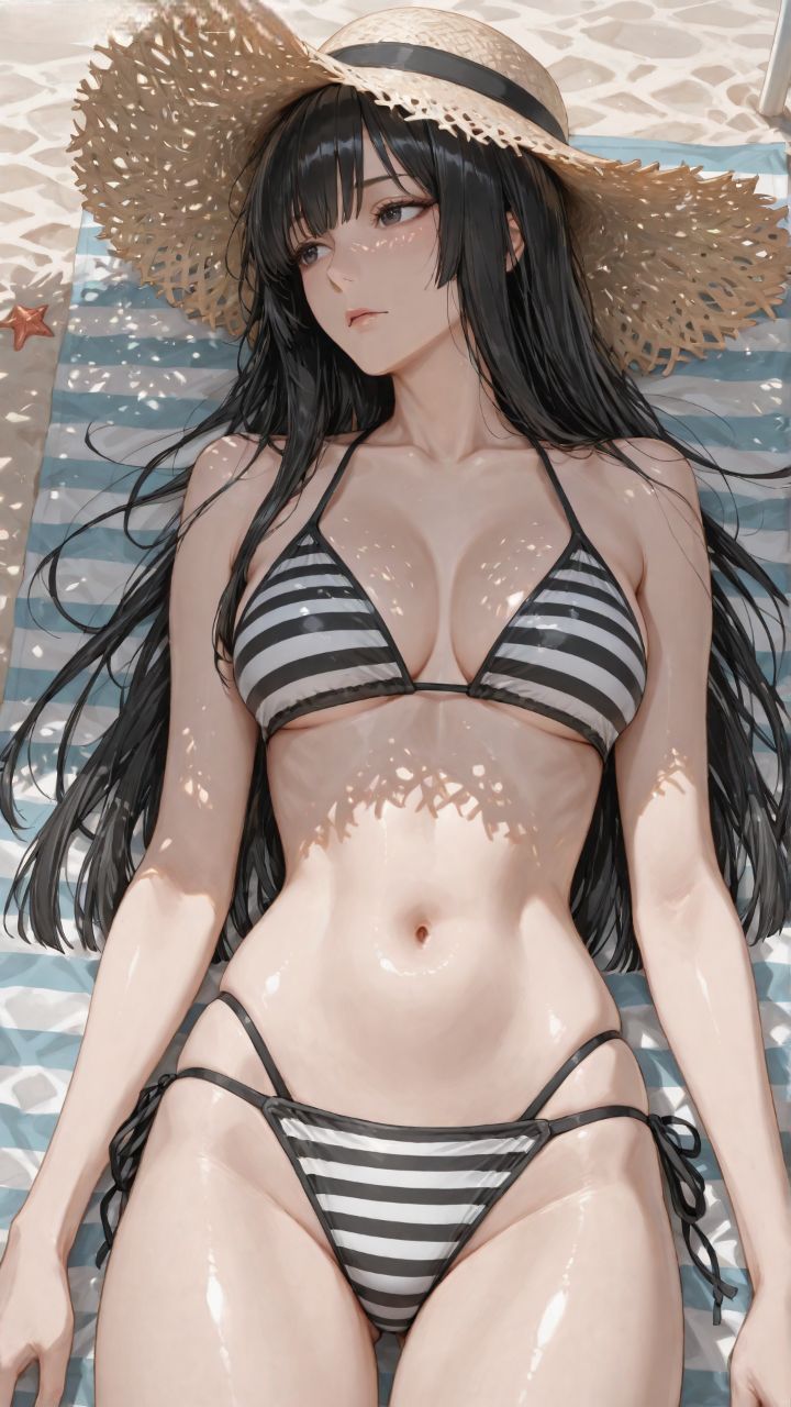 海边沙滩泳装 完美身材 草帽 颜值二次元美女 比基尼,第4张