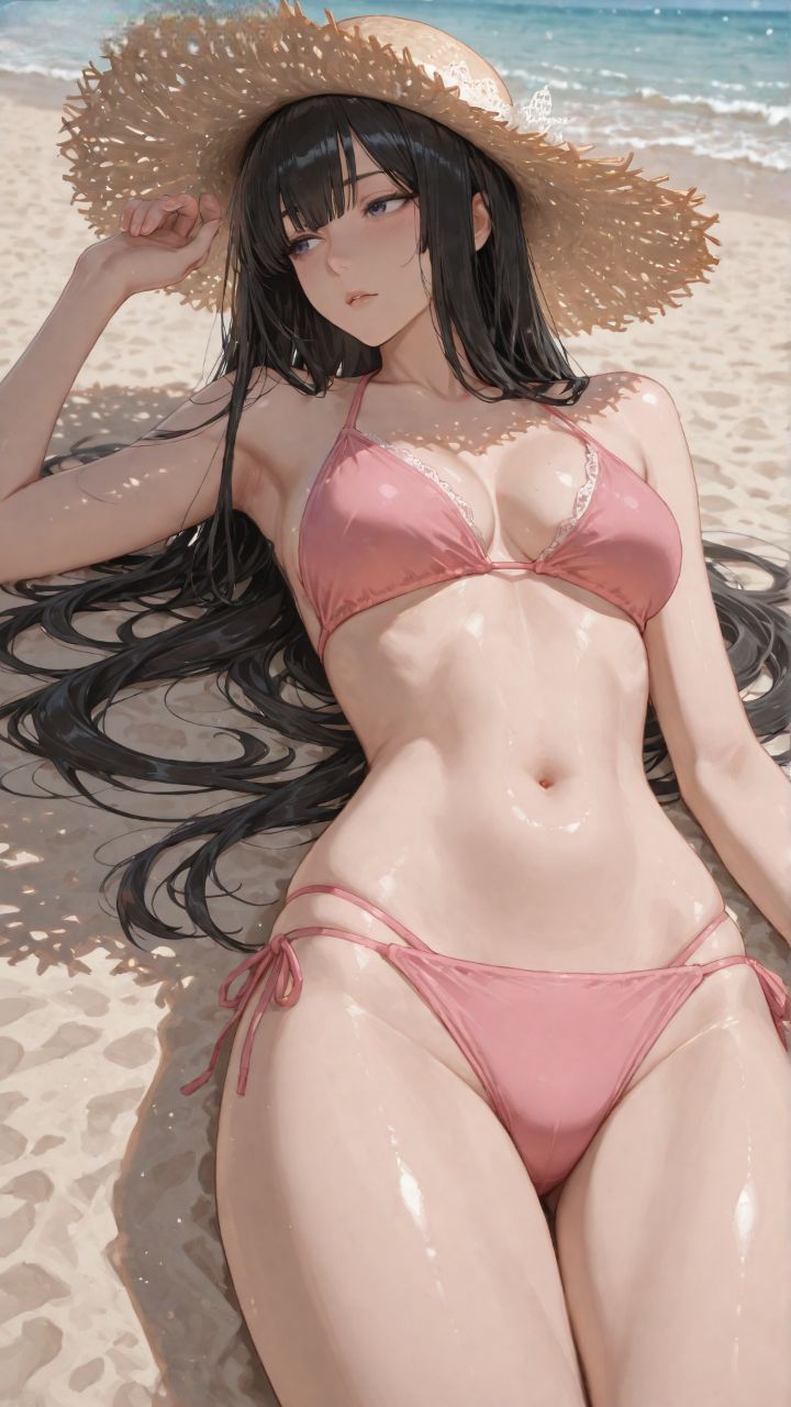 海边沙滩泳装 完美身材 草帽 颜值二次元美女 比基尼,第3张