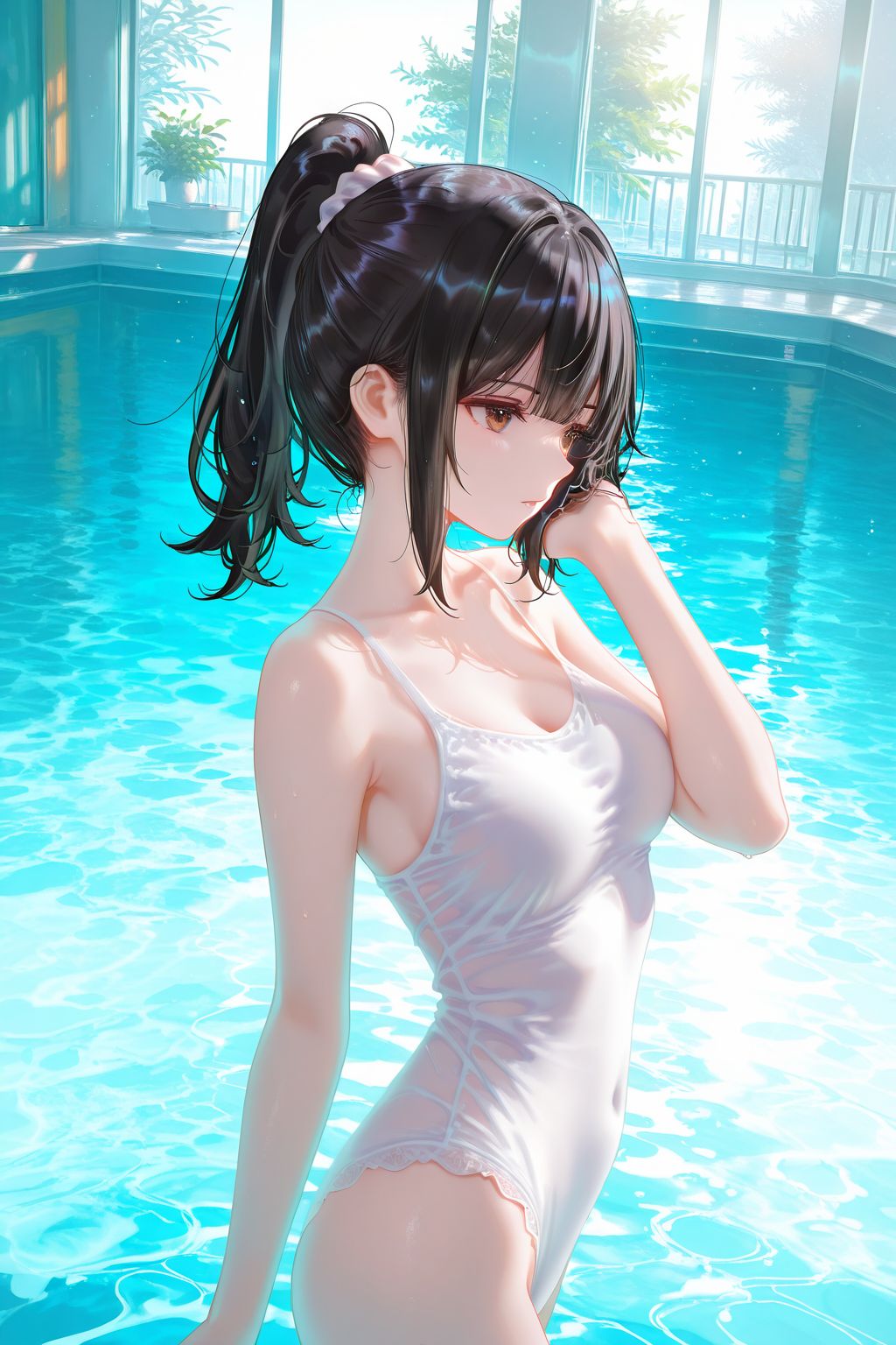 二次元少女 病娇 泳池 泳装比基尼 手机超高清壁纸,第1张