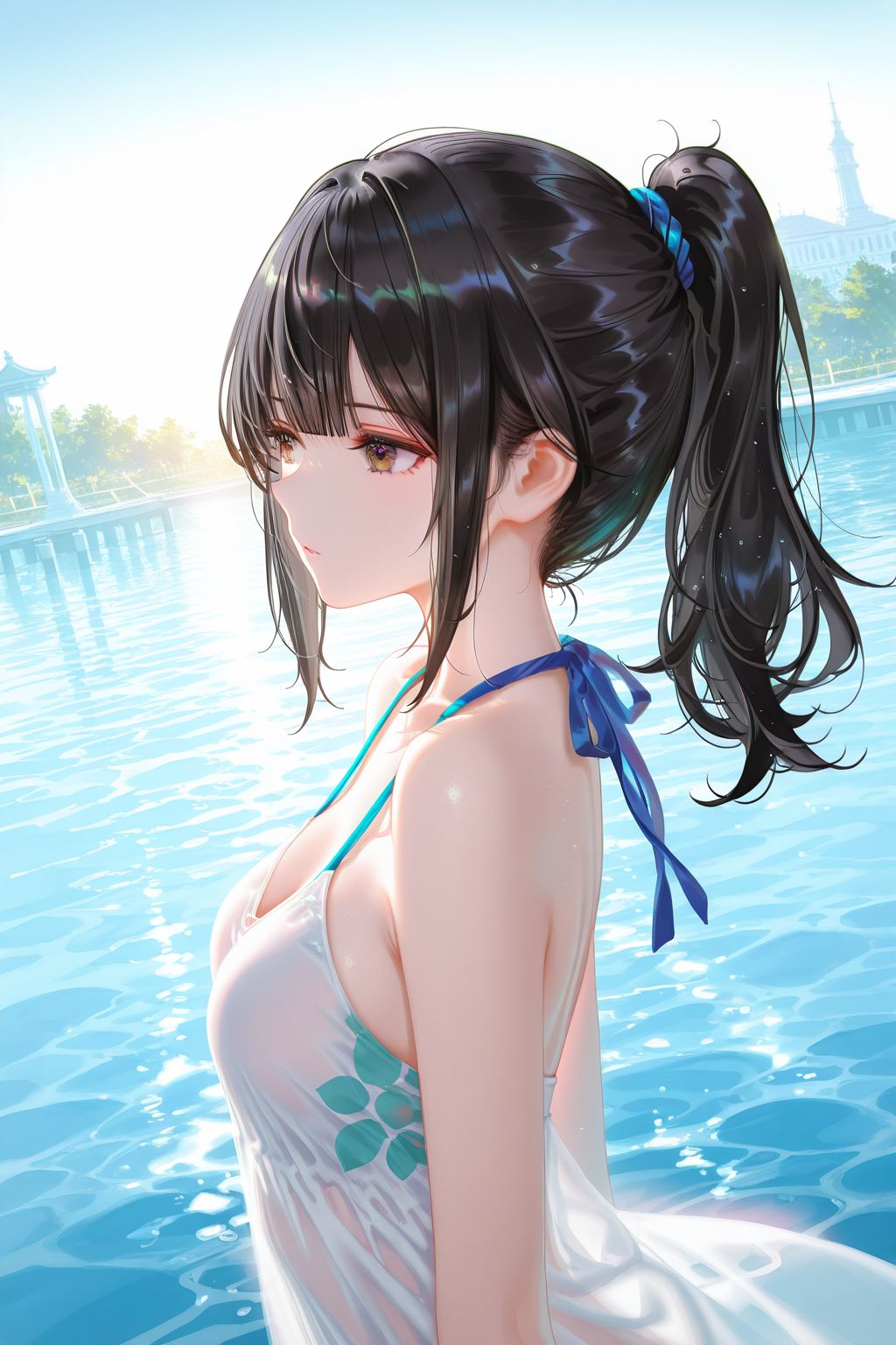 二次元少女 病娇 泳池 泳装比基尼 手机超高清壁纸,第2张