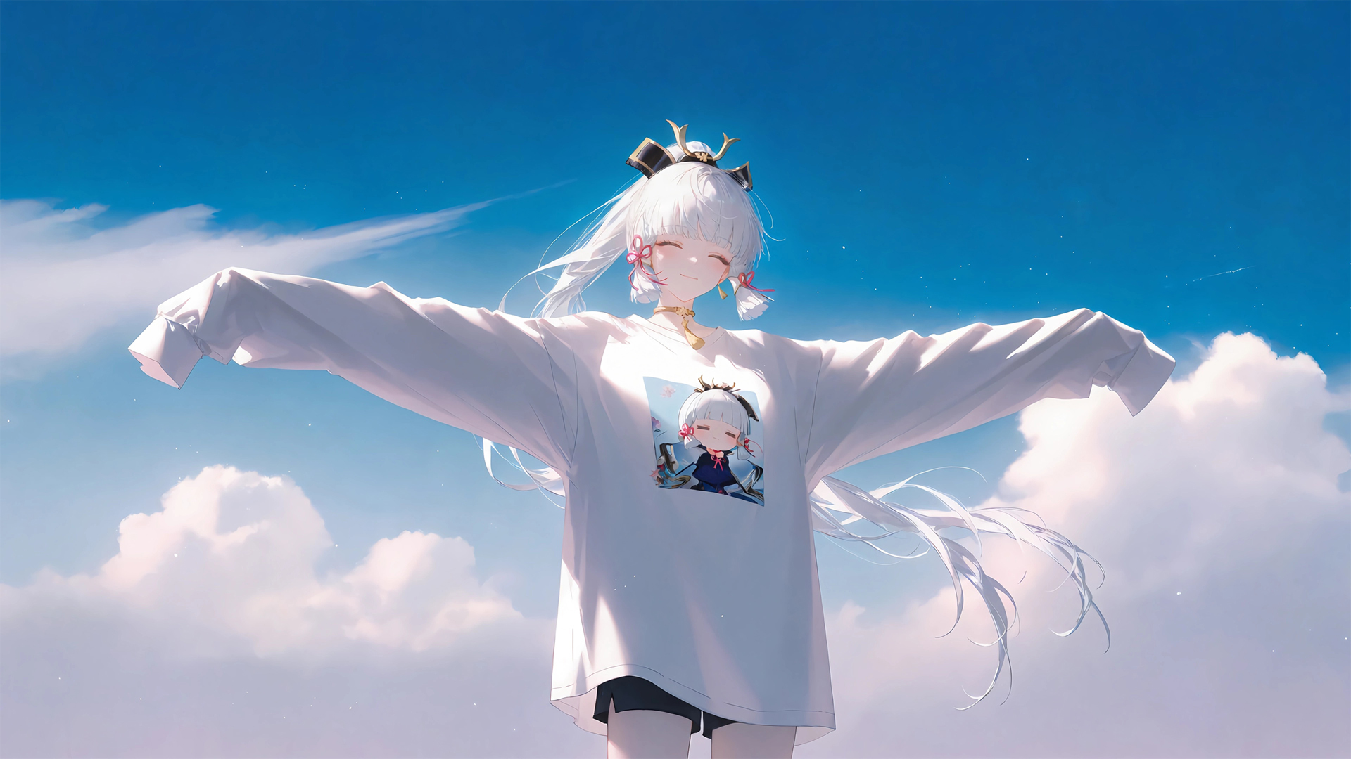 原神神里绫华 蓝天白云 白T恤 桌面电脑壁纸,第1张