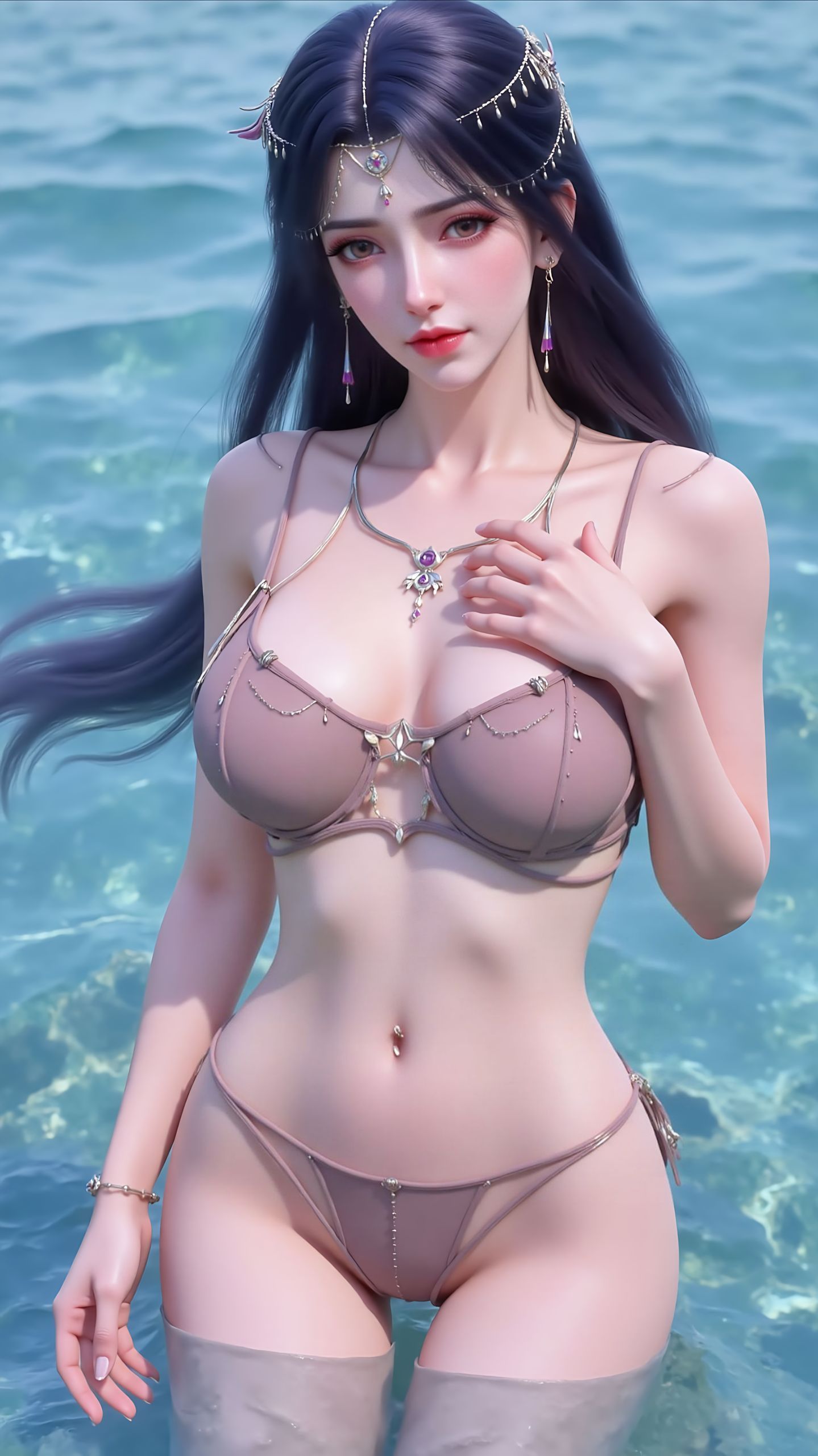 完美世界 国漫女神美女 云曦泳装比基尼 海边,第3张