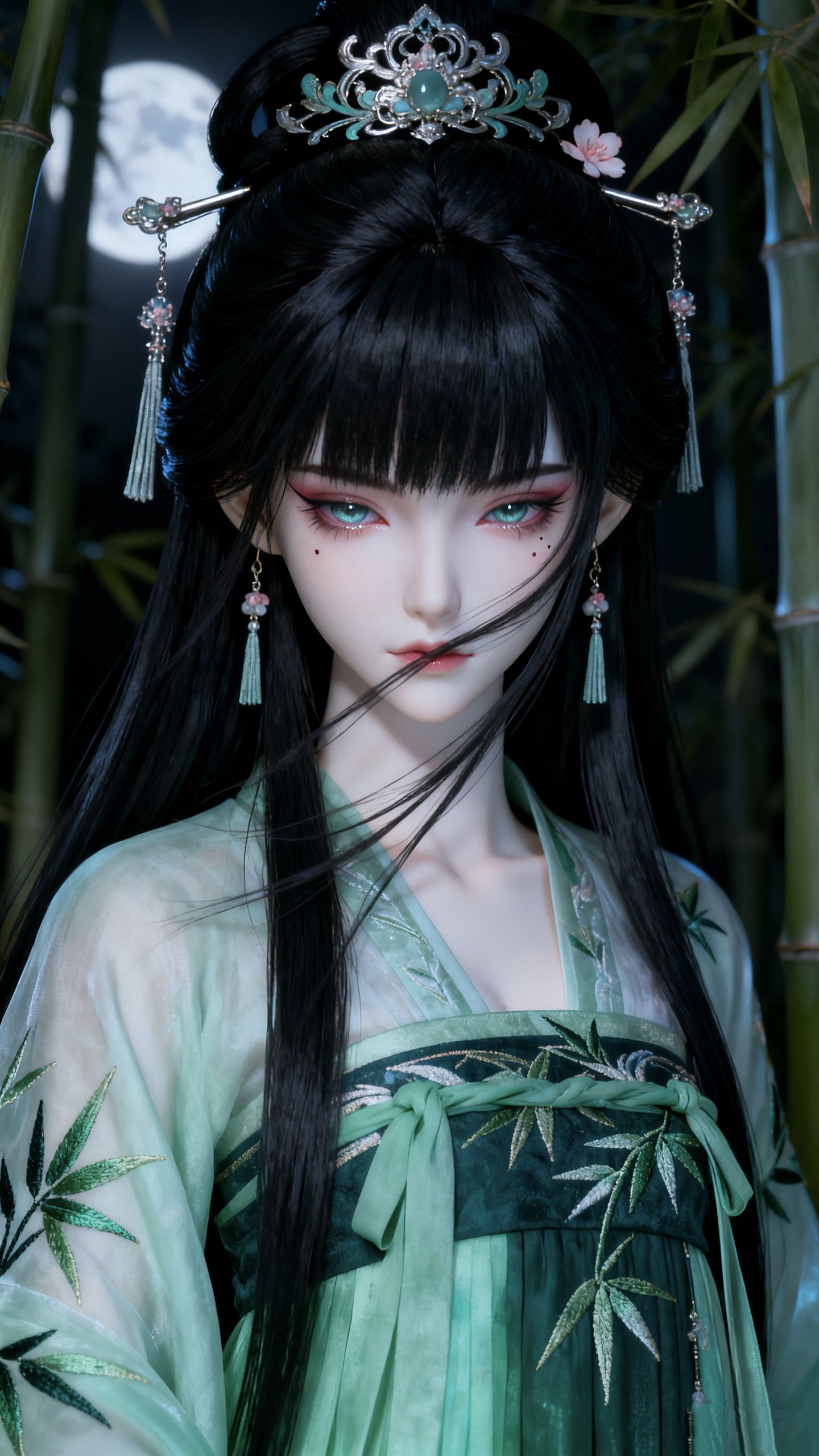 月下青衣二次元古风美女高清壁纸图片,第1张