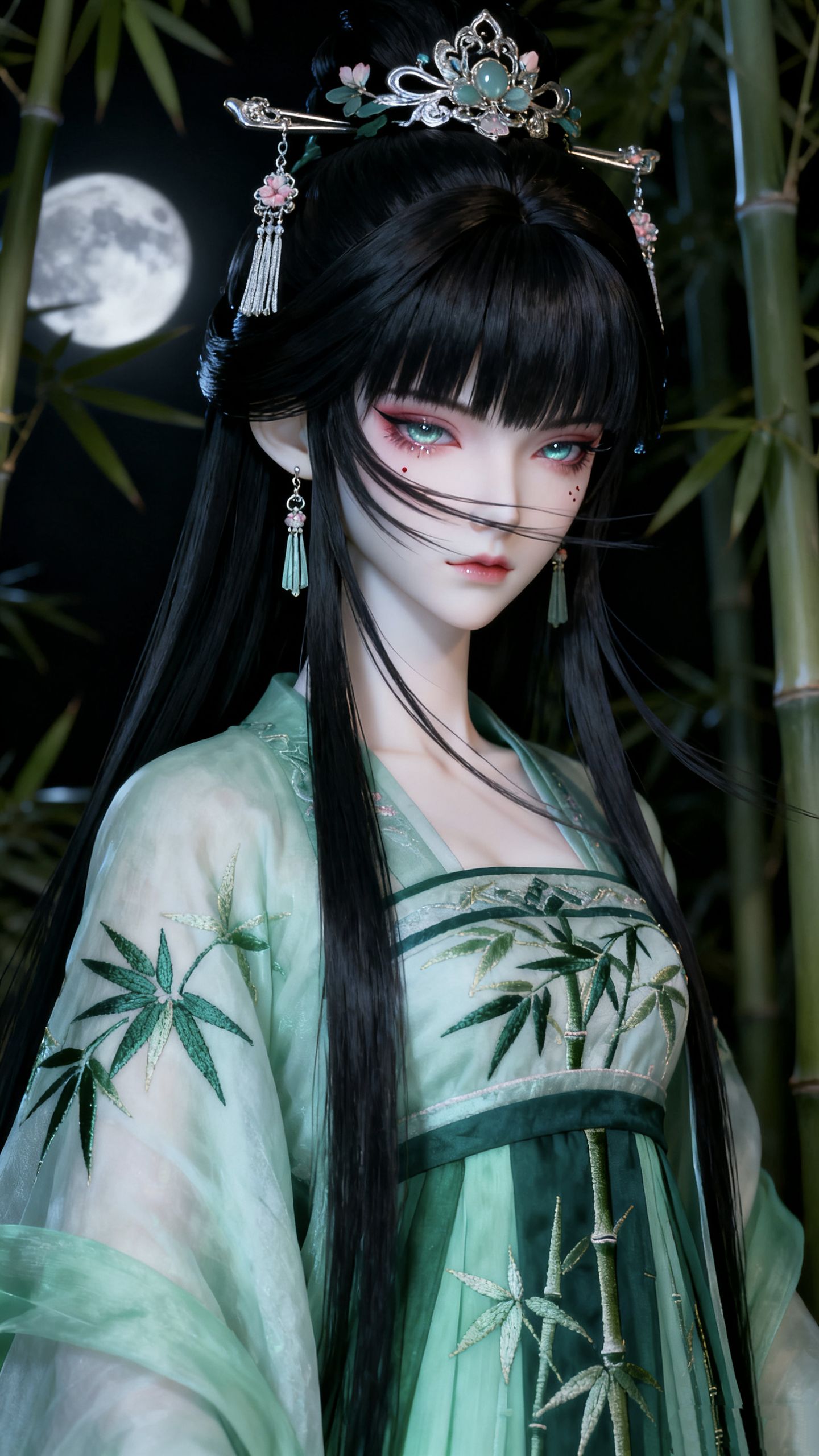 月下青衣二次元古风美女高清壁纸图片,第2张