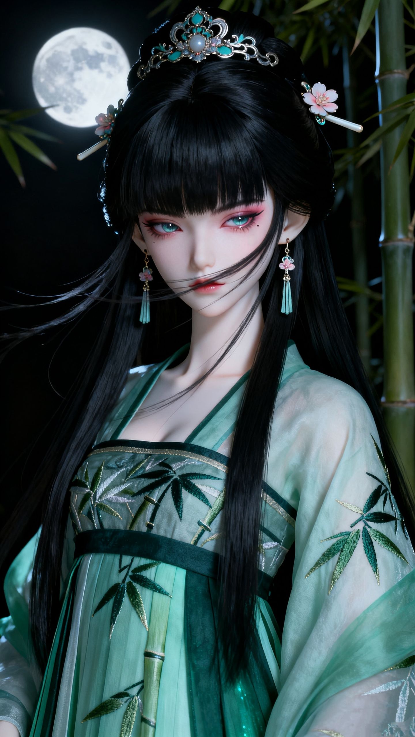 月下青衣二次元古风美女高清壁纸图片,第3张