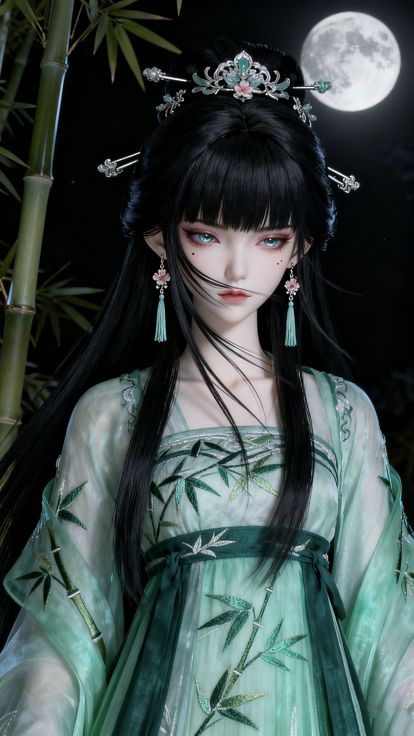 月下青衣二次元古风美女高清壁纸图片,第4张