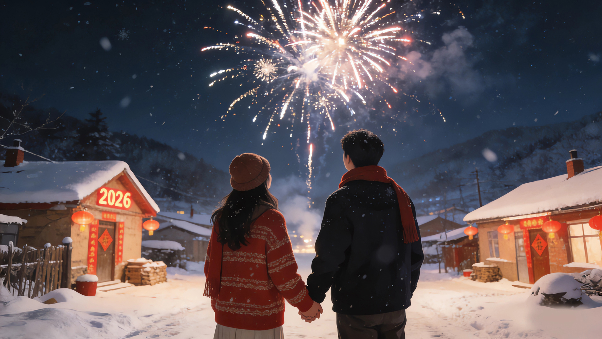 2026新年雪景情侣牵手看烟花浪漫壁纸 素材大全、免费素材、设计素材、素材下载,第1张