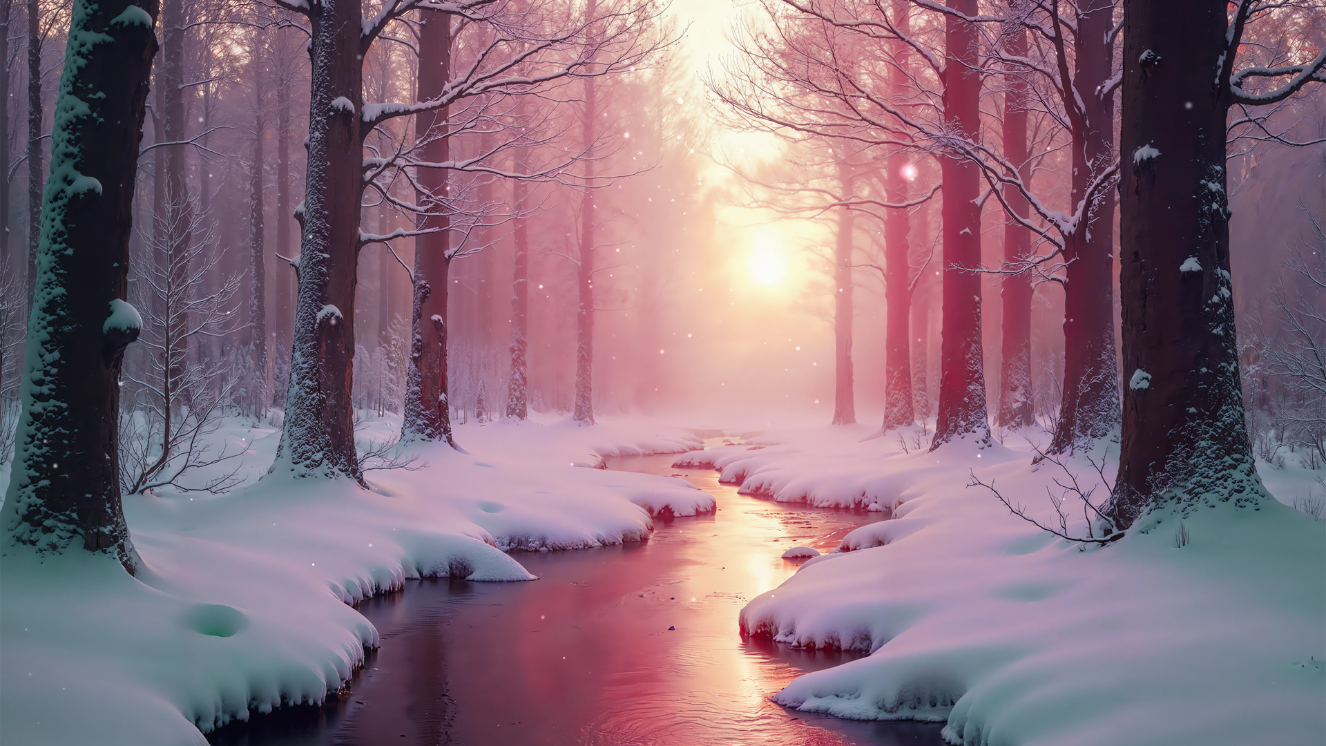 粉色的冬季风景 森林 小溪 雪景电脑壁纸 图片素材、视频素材,第1张