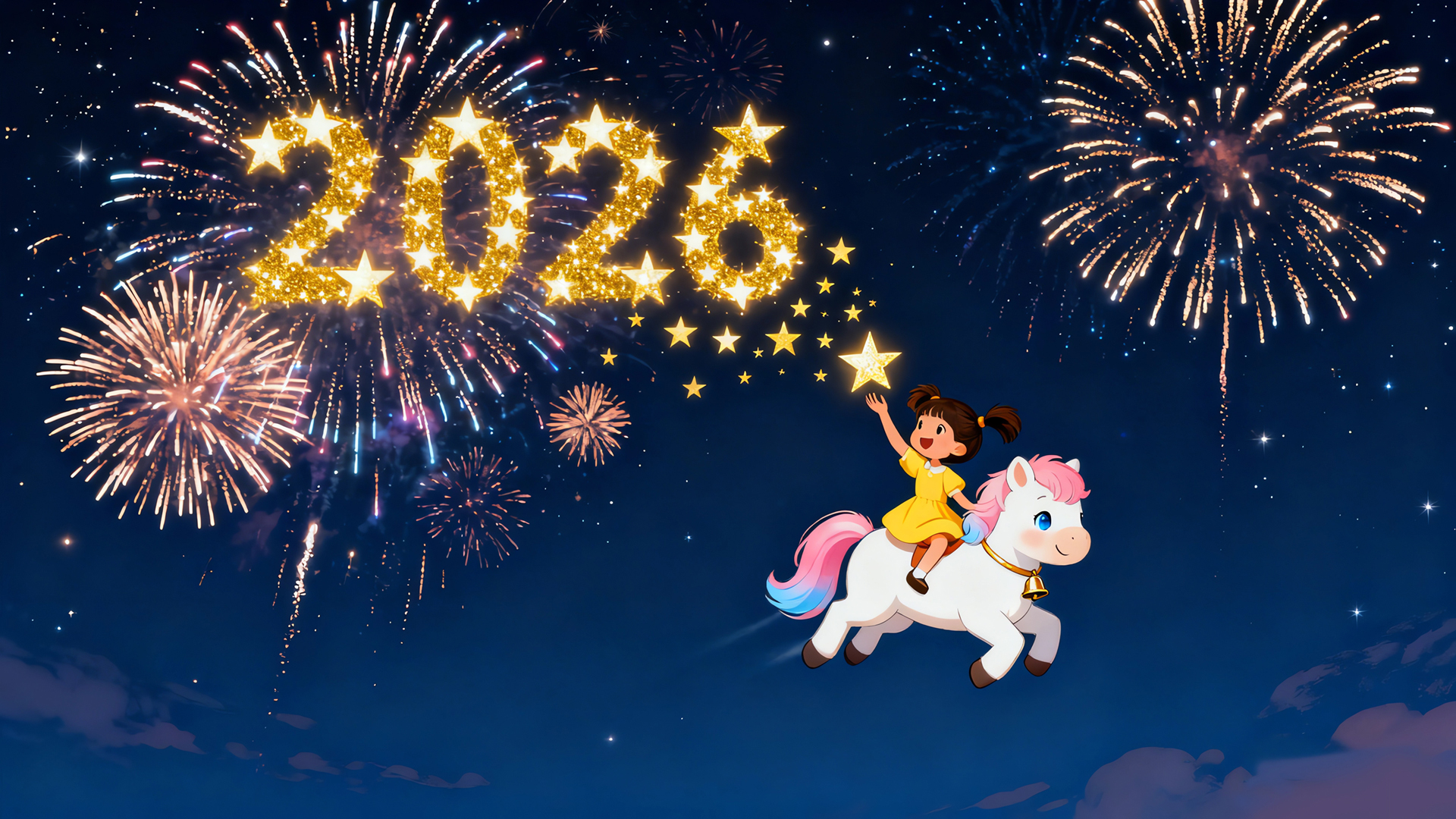 2026新年烟花天空飞马小女孩马年高清壁纸 音频素材、文字素材、字体素材,第1张