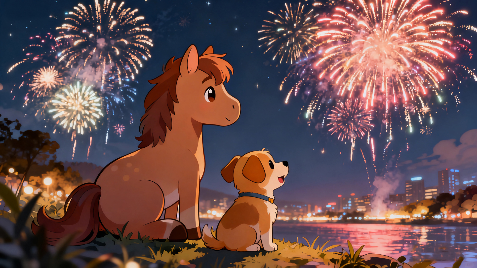 小马和小狗一起看烟花 2026马年新年壁纸 图标Logo 素材、海报PPT素材,第1张