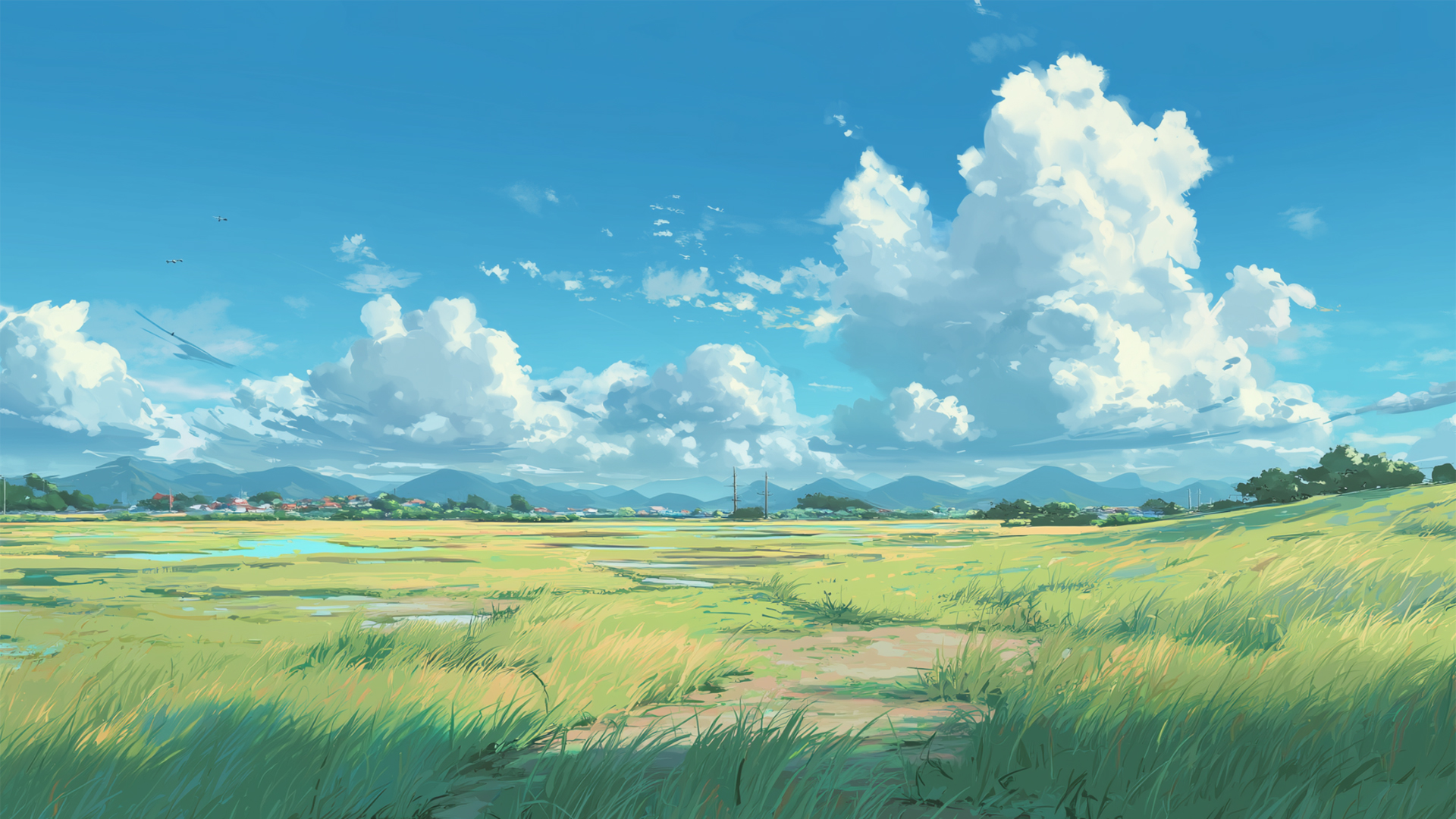 清新草地蓝天白云乡村风景桌面壁纸 手绘素材、插画素材、漫画素材、照片素材,第1张