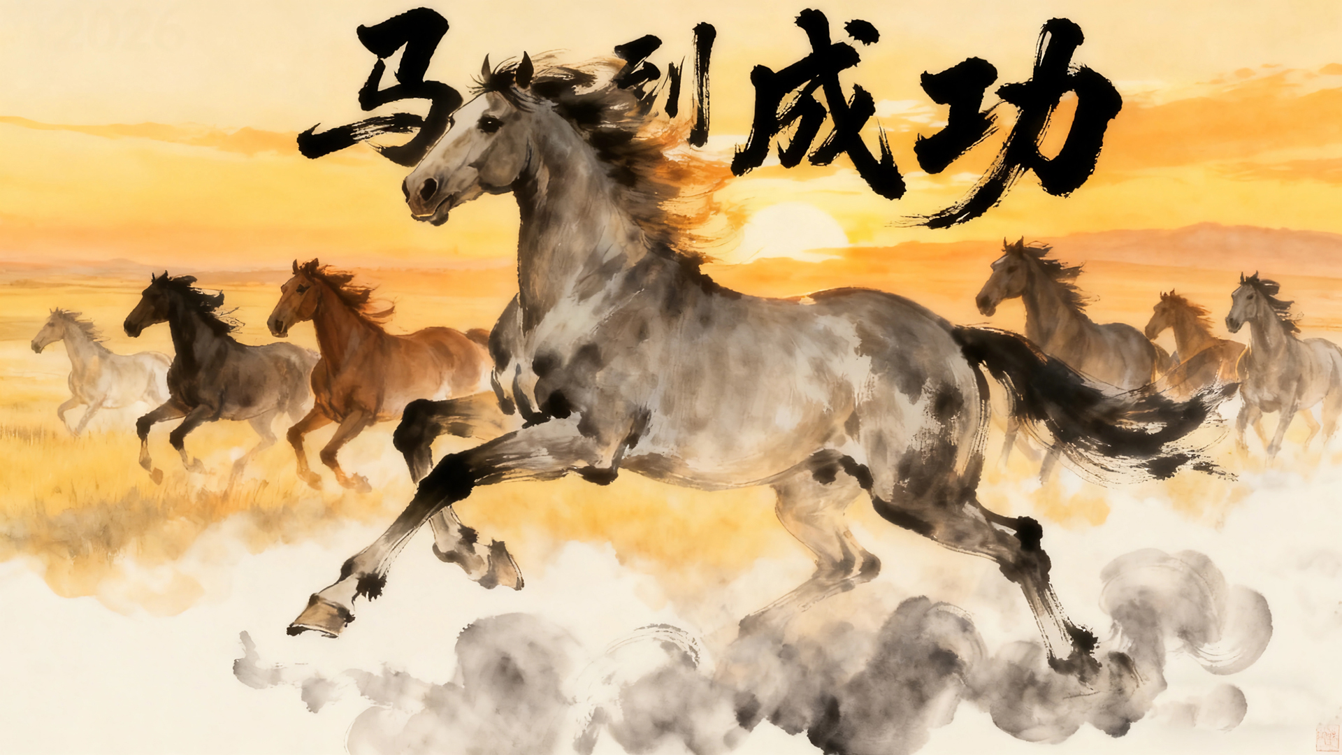 2026年马到成功水墨风骏马奔跑图桌面壁纸 AI PR AE C4D 素材,第1张