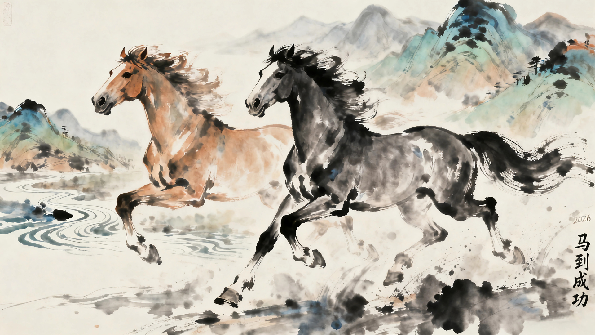 2026马到成功两匹骏马 马年水墨画桌面壁纸 截图素材、动态素材、静态素材,第1张 2026马到成功两匹骏马 马年水墨画桌面壁纸 截图素材、动态素材、静态素材,第1张