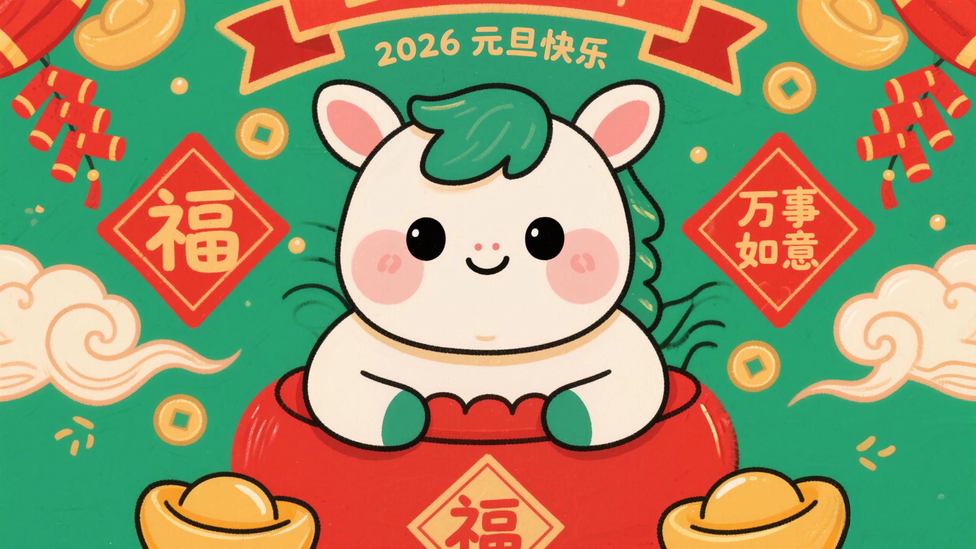 2026元旦快乐可爱小马福字壁纸 特效素材、转场素材、字幕素材,第1张