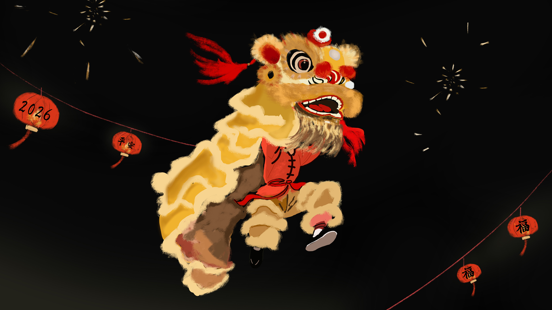 2026年舞狮马年平安福新年灯笼烟花忘忧草原创壁纸 片头素材、片尾素材,第1张
