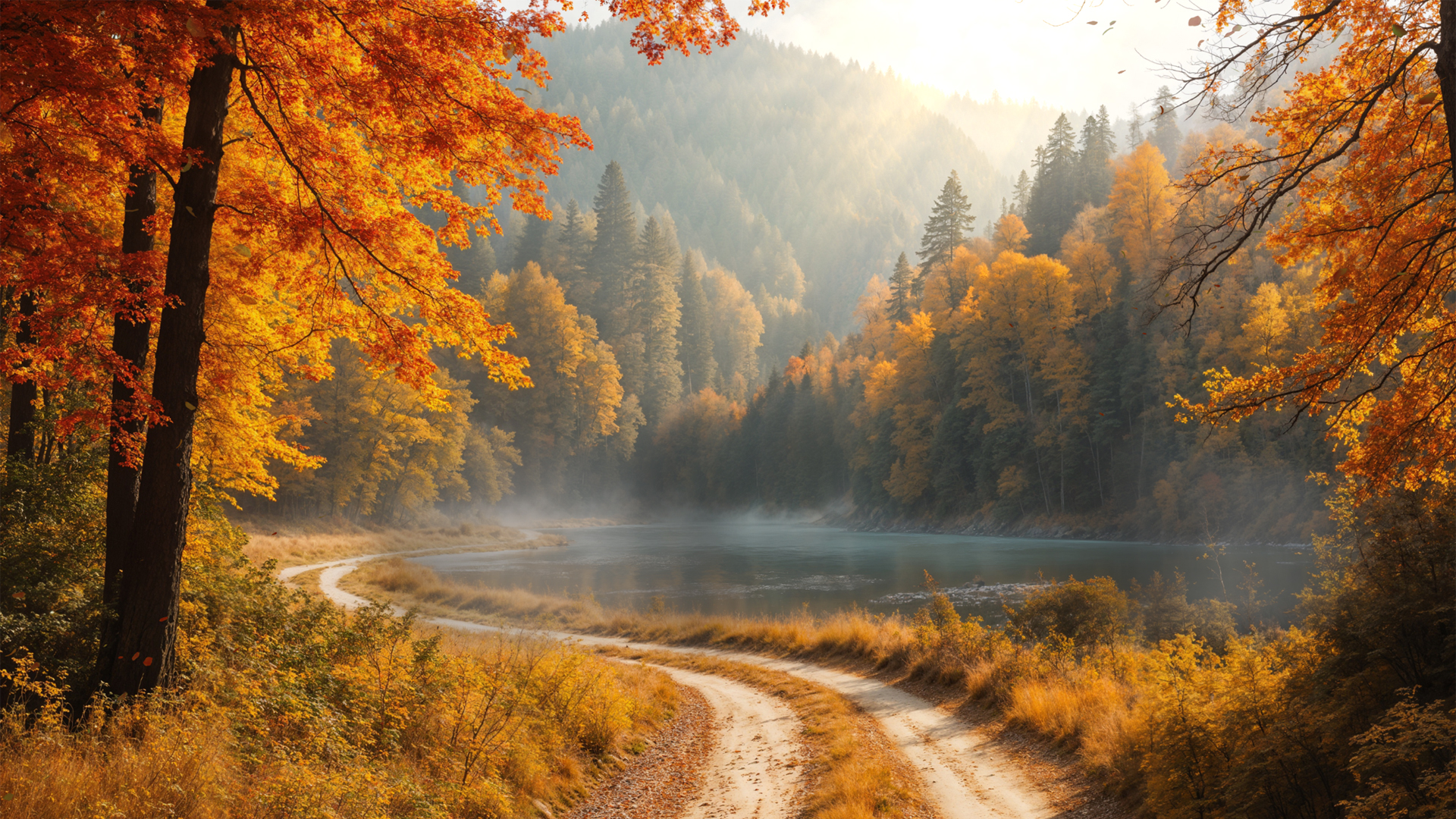 秋天的森林小路湖边风景桌面壁纸 组合使用素材分类下载精准搜索,第1张