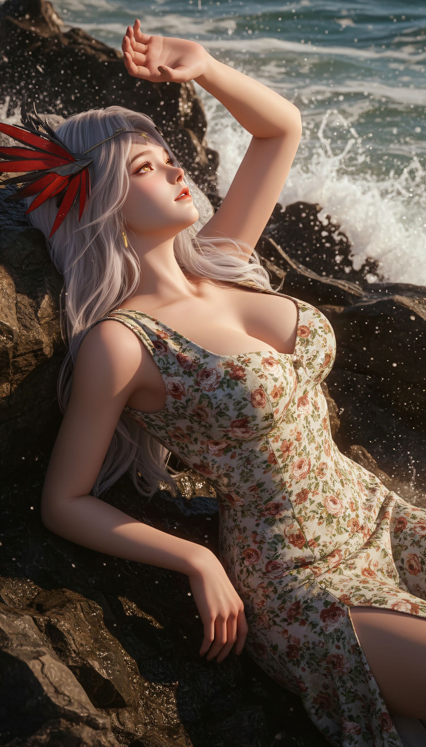吞噬星空星幻王海边写真。碎花裙国漫动漫美女大长腿壁纸图片,第1张