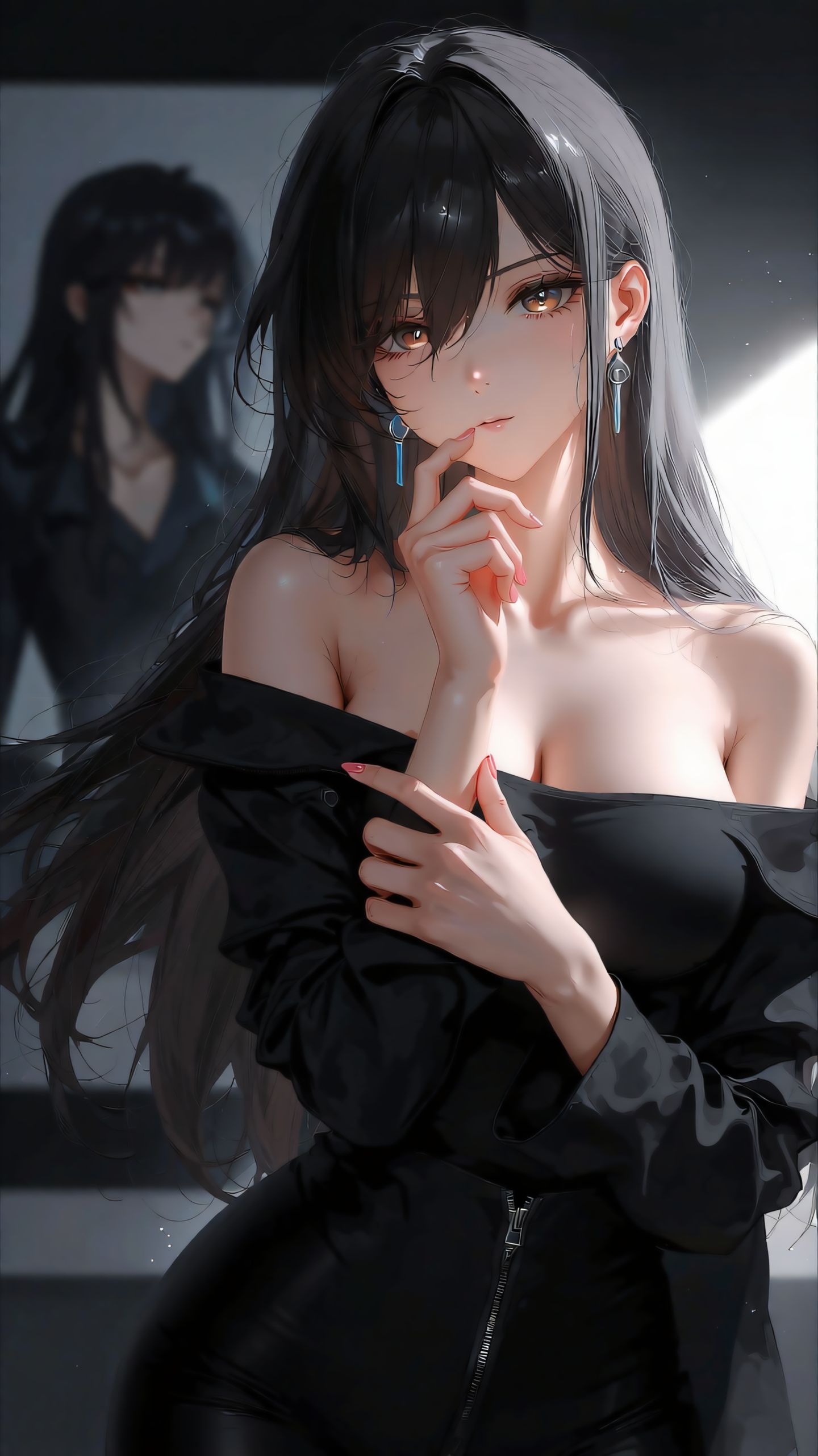 黑系露肩上衣氛围感颜值暴击 二次元美图插画美女分享,第3张