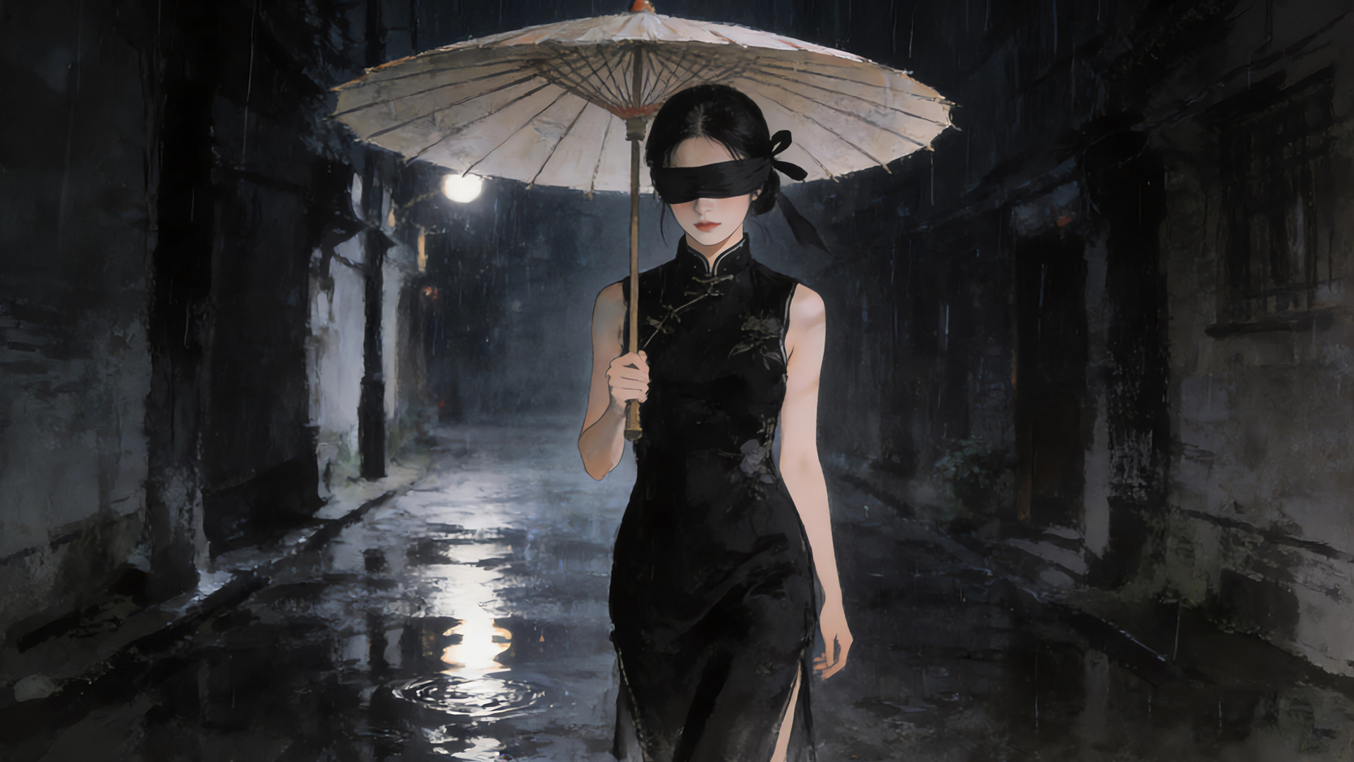 雨夜黑色旗袍美女蒙眼打伞灯光光影 高清晰高分辨率桌面电脑壁纸,第1张