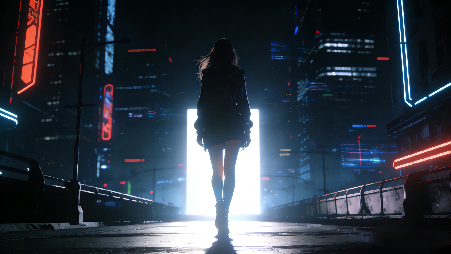 暗黑夜晚少女背影门光影 朝光明的方向壁纸,第1张