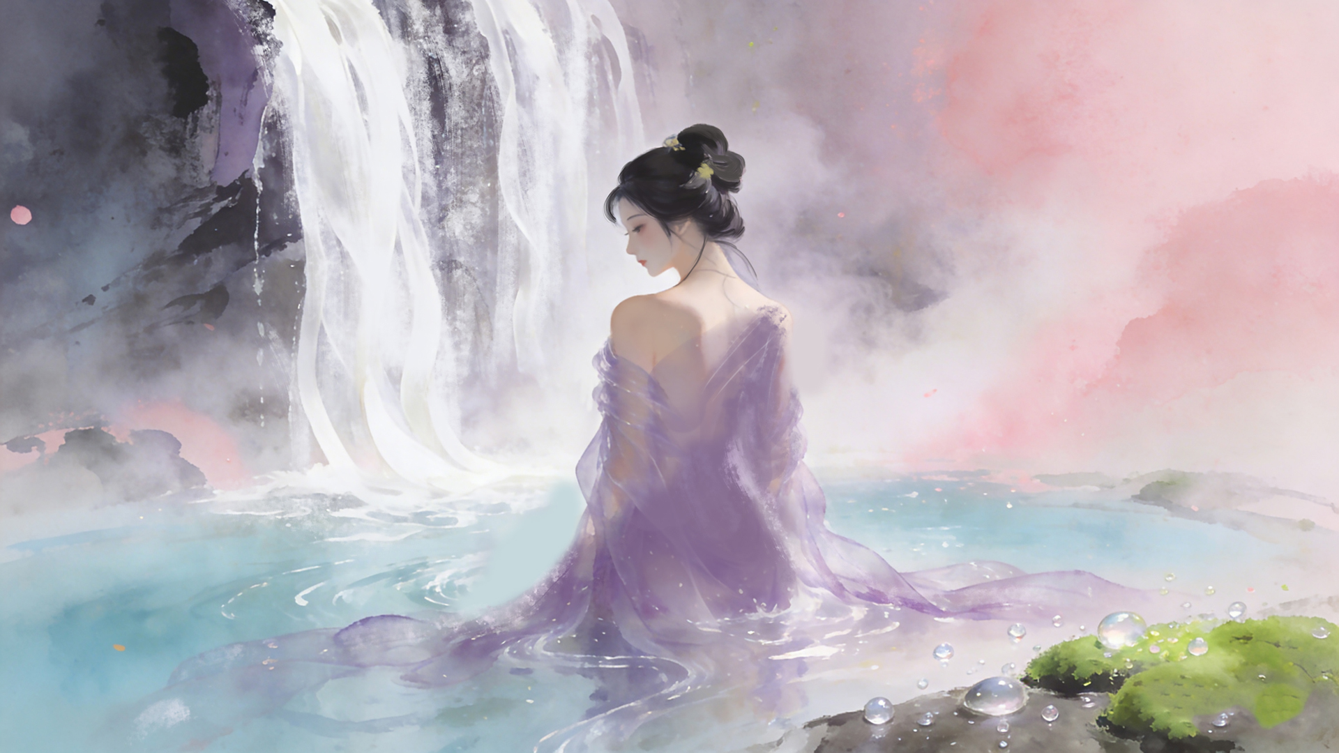 女孩背影唯美古风瀑布 电脑高清桌面壁纸,第1张