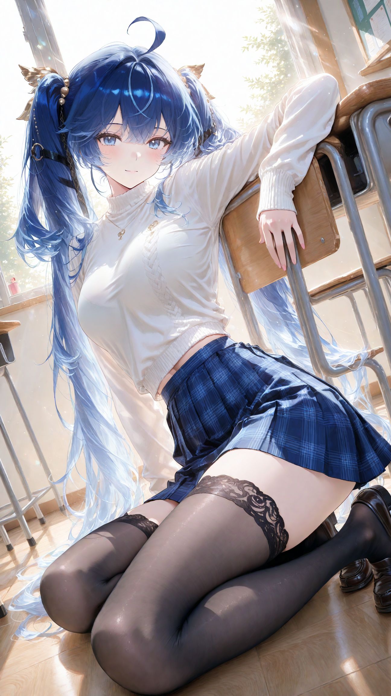 校园里的鸣潮尤诺 二次元游戏壁纸 教室裙子黑丝,第2张