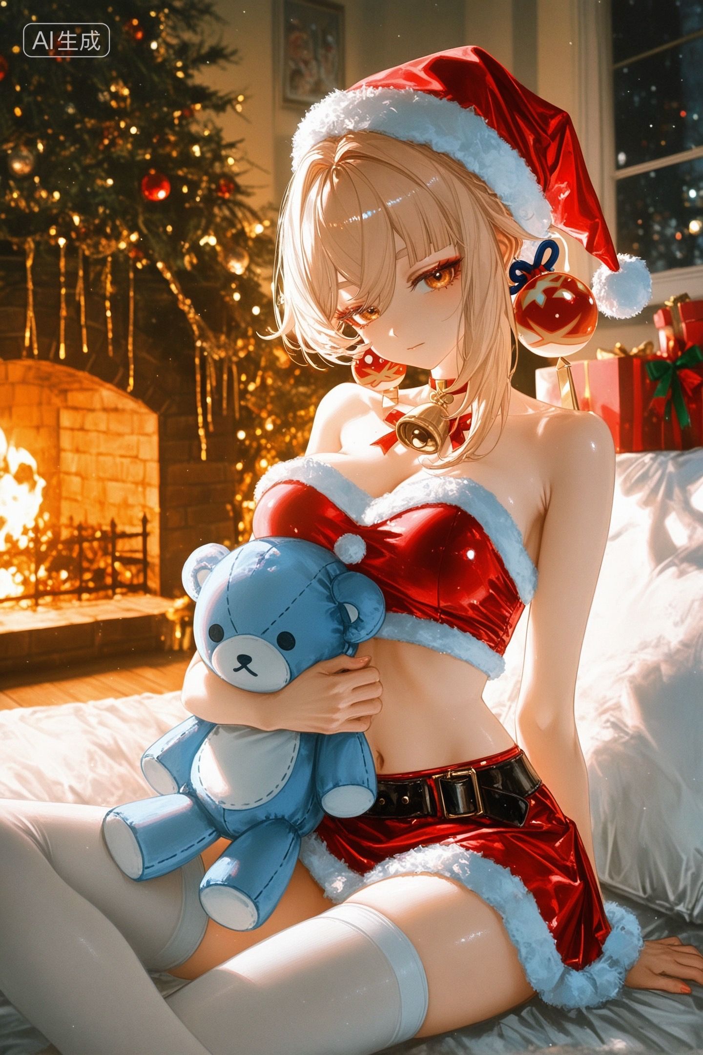 原神游戏美女角色人物圣诞节主题壁纸 玩偶过膝袜丝袜,第1张