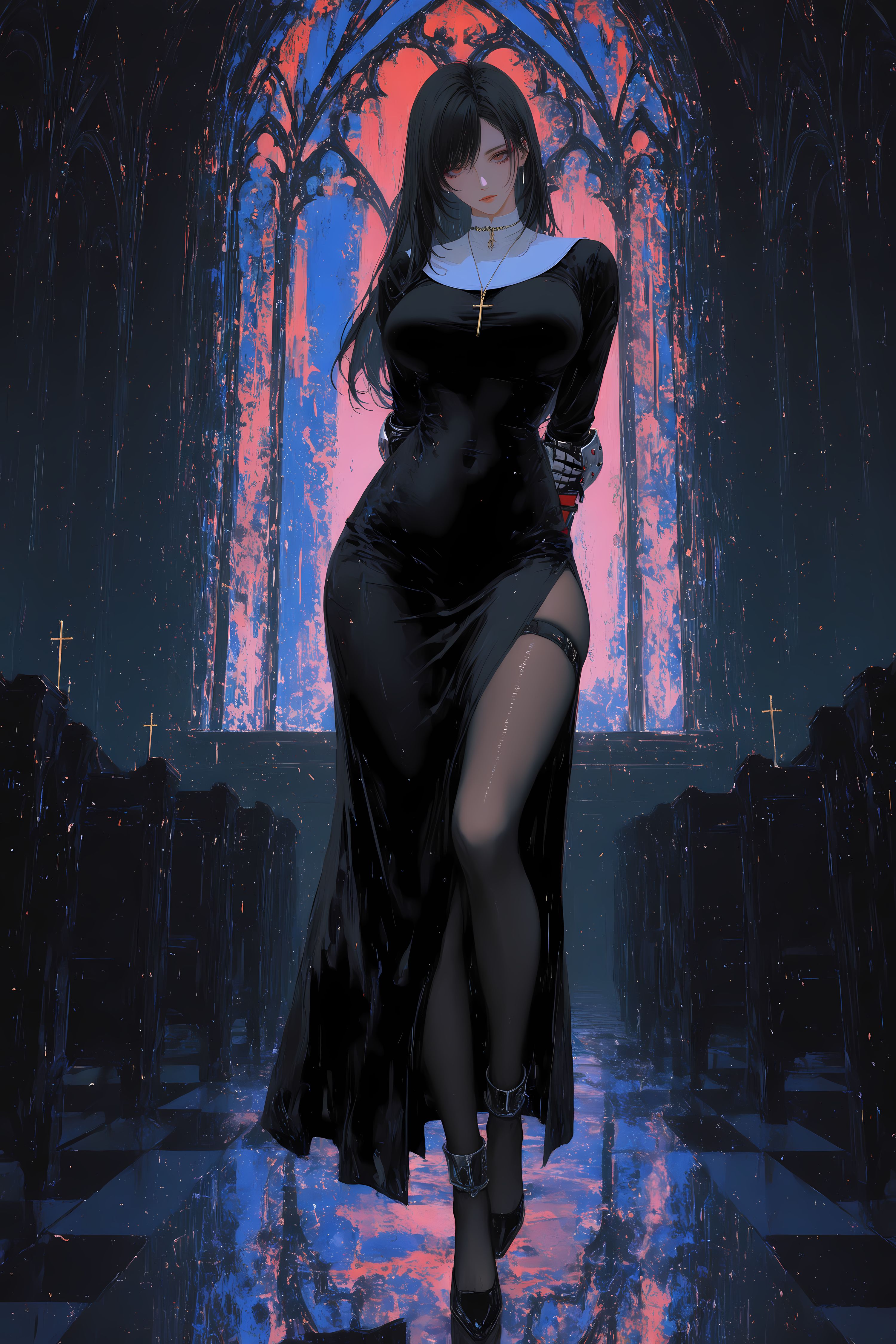 蒂法3D区唯一真神，二次元最终幻想游戏动漫二创黑丝修女装，大长腿,第7张