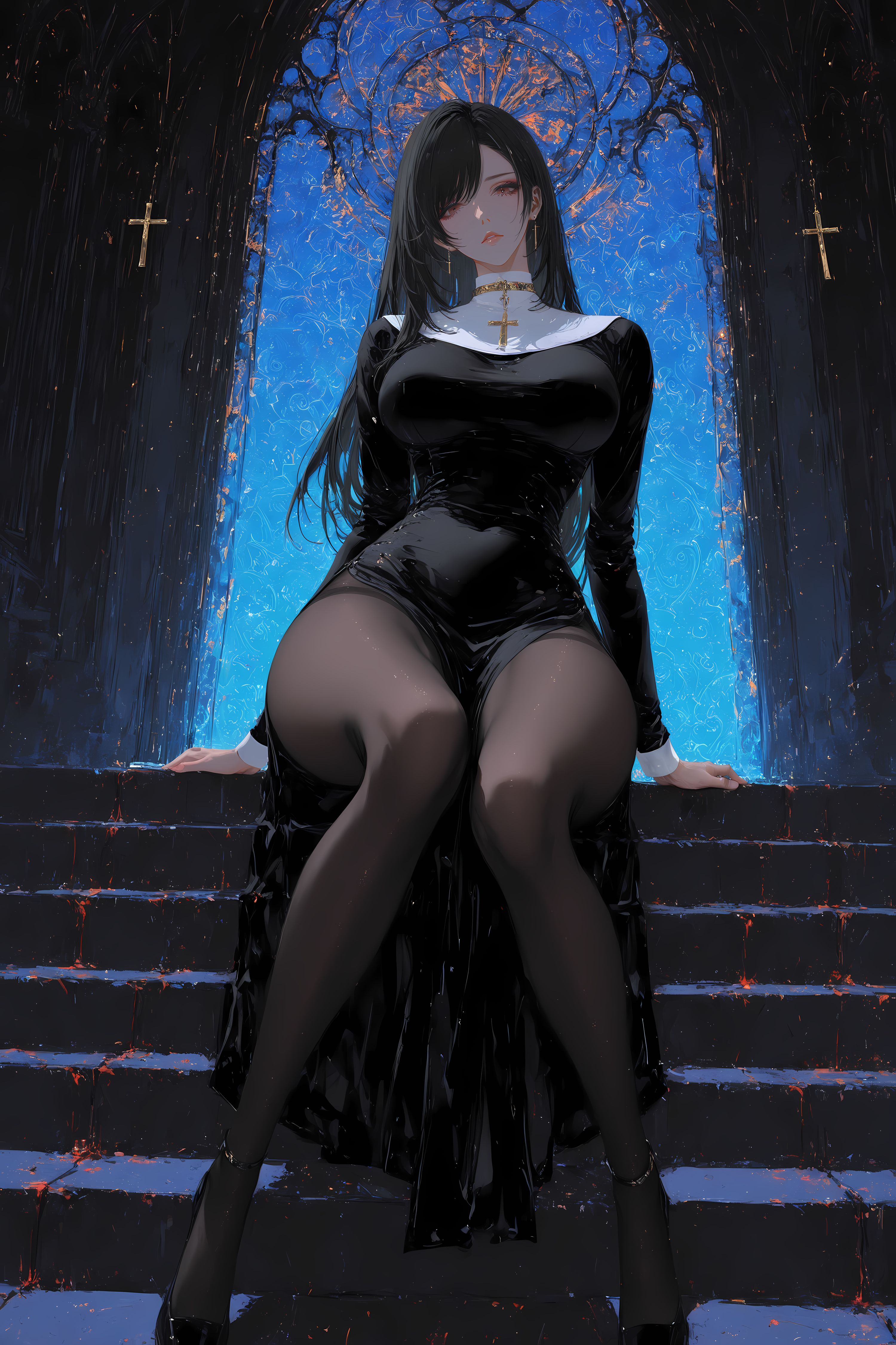 蒂法3D区唯一真神，二次元最终幻想游戏动漫二创黑丝修女装，大长腿,第6张