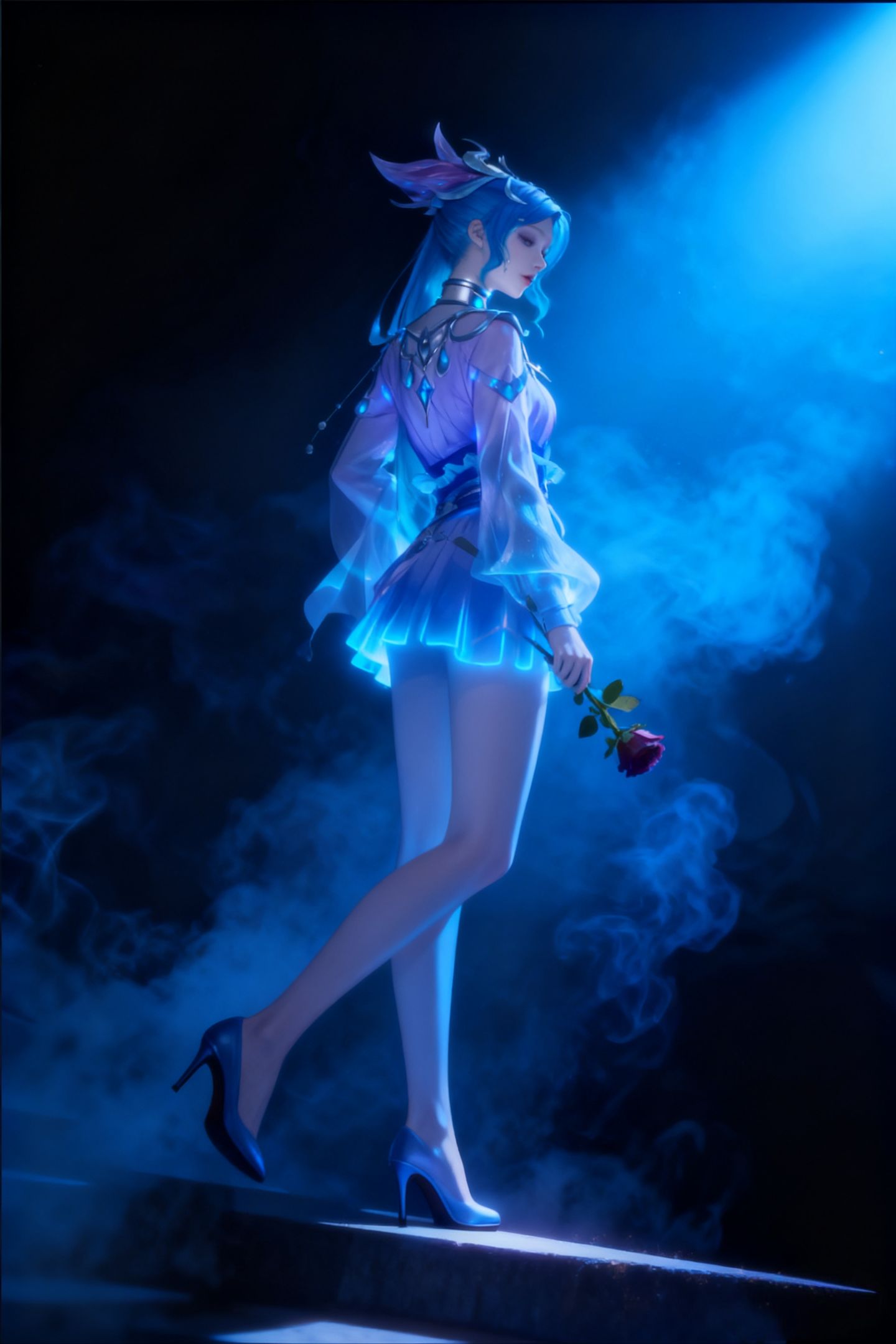 王者荣耀英雄黑夜光影氛围感，太帅了吧AI创作，裙子大长腿高跟鞋,第1张