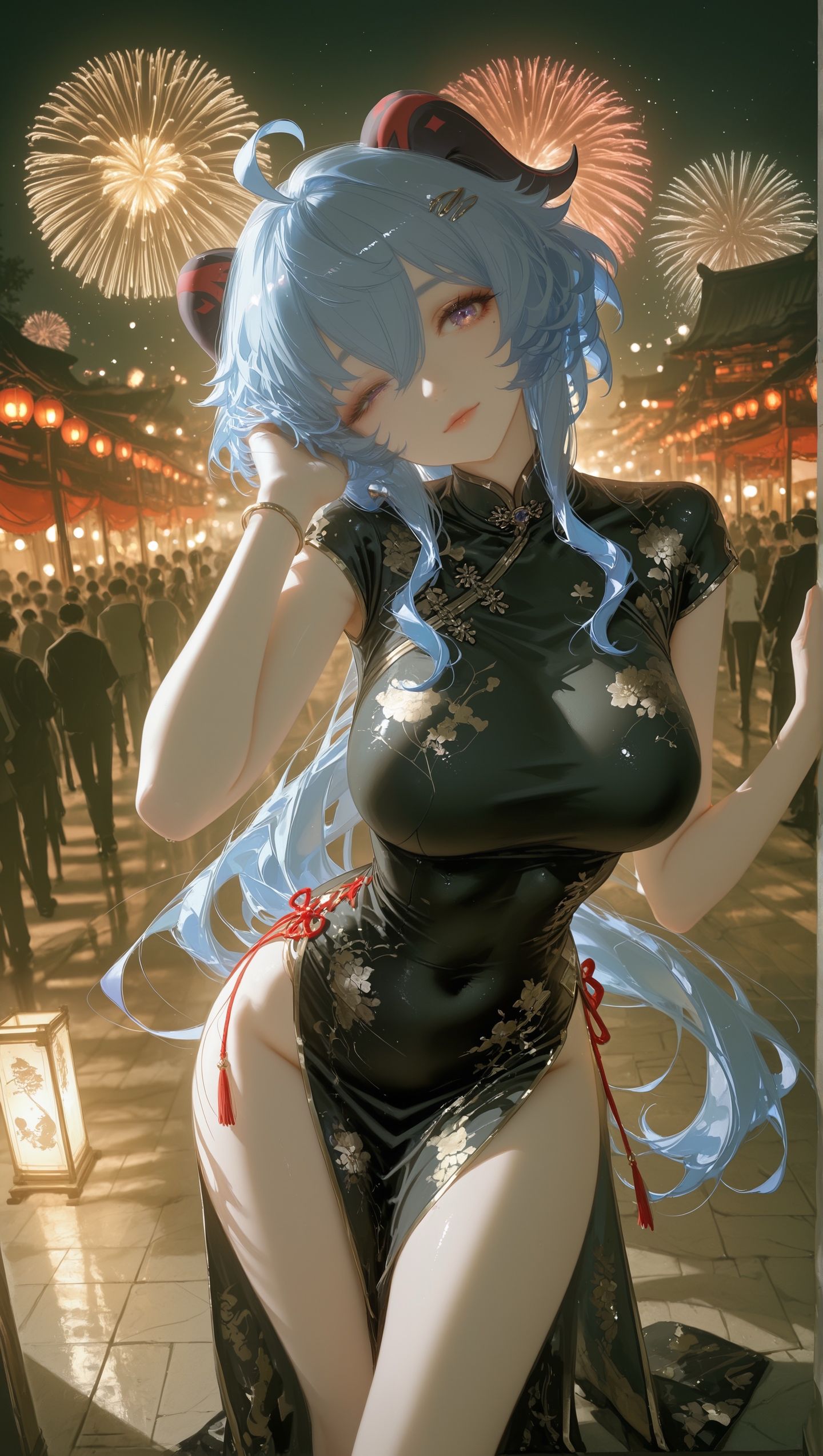 甘雨、刻晴、胡桃，二次元游戏原神新年喜庆烟花旗袍壁纸,第1张