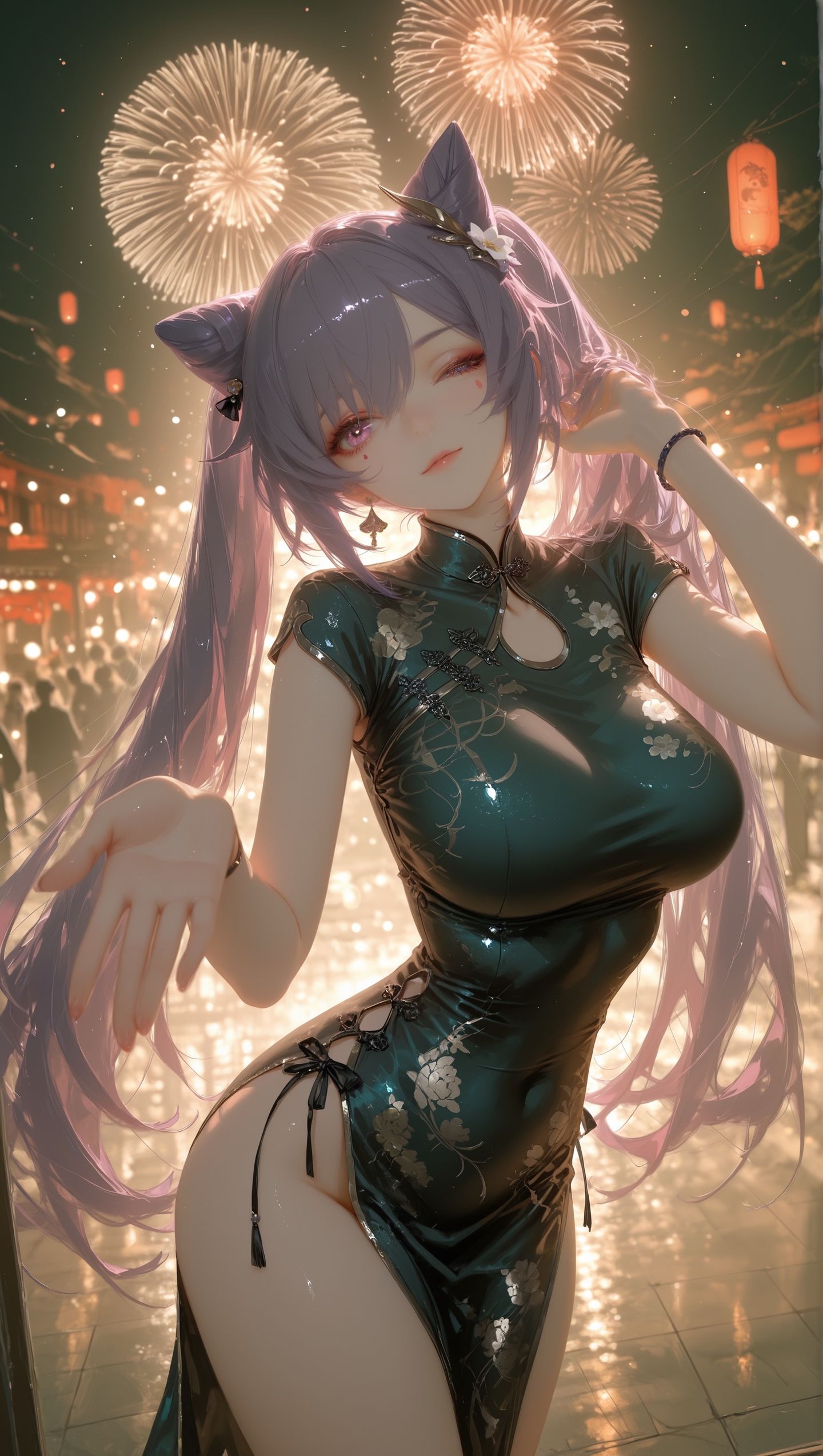 甘雨、刻晴、胡桃，二次元游戏原神新年喜庆烟花旗袍壁纸,第4张