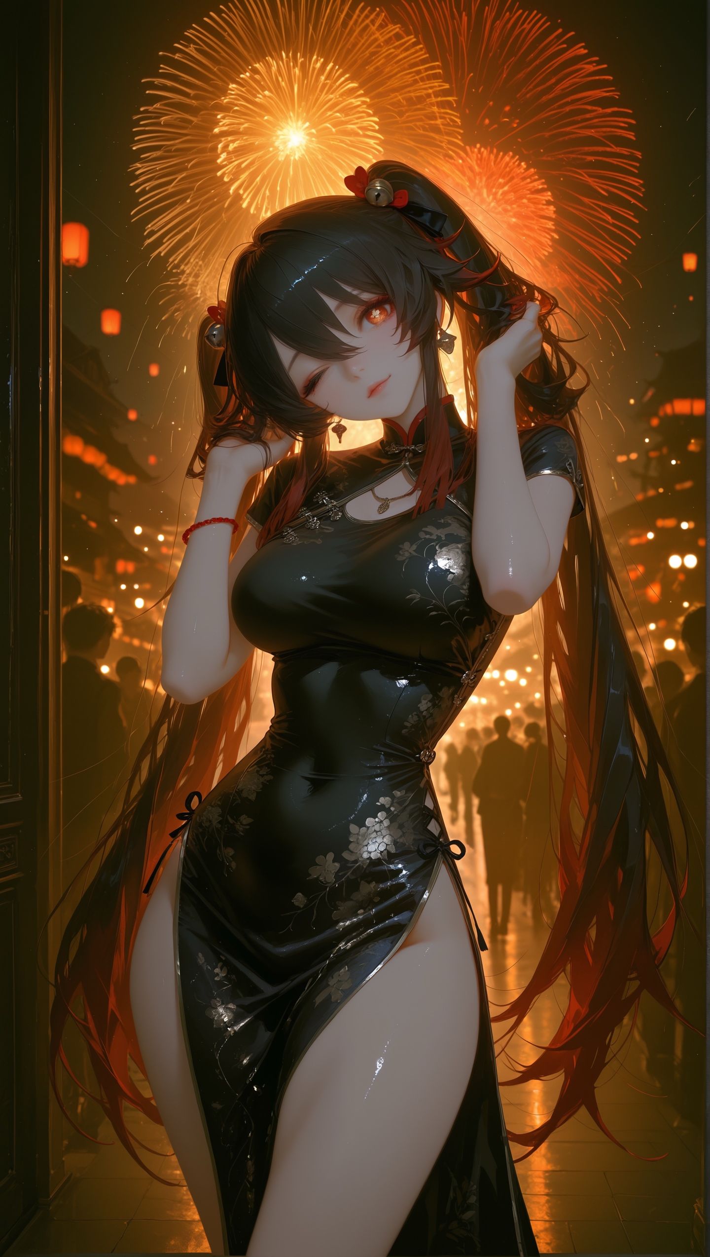 甘雨、刻晴、胡桃，二次元游戏原神新年喜庆烟花旗袍壁纸,第3张