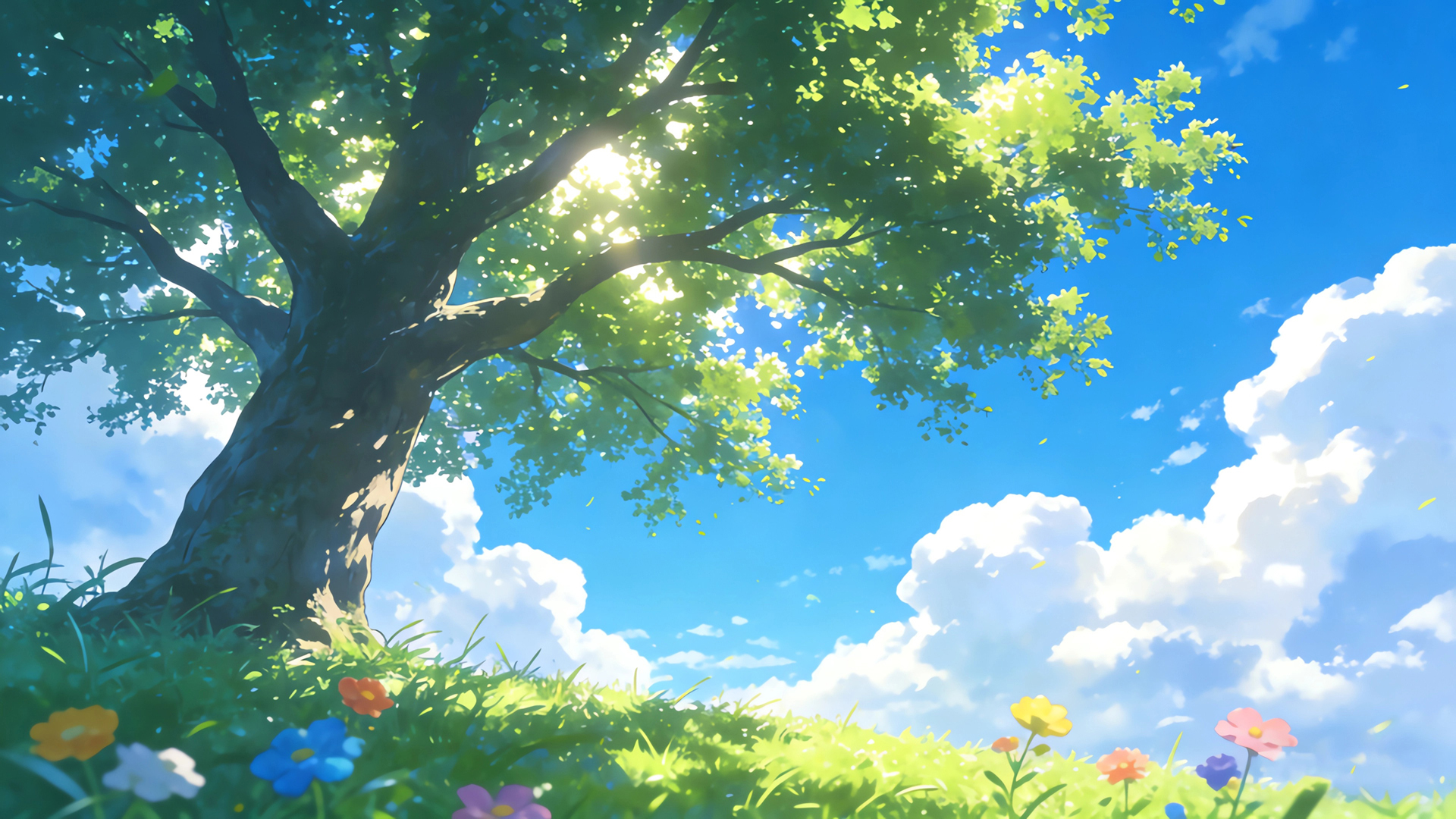 蓝天白云 绿色大树 绿草地 鲜花 小清新风景桌面壁纸,第1张