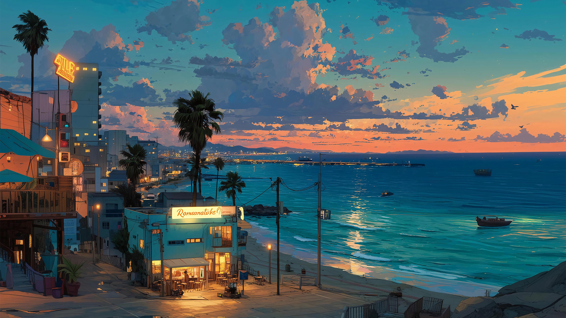 云彩 夜晚 夜景 海滨小城风景桌面壁纸,第1张