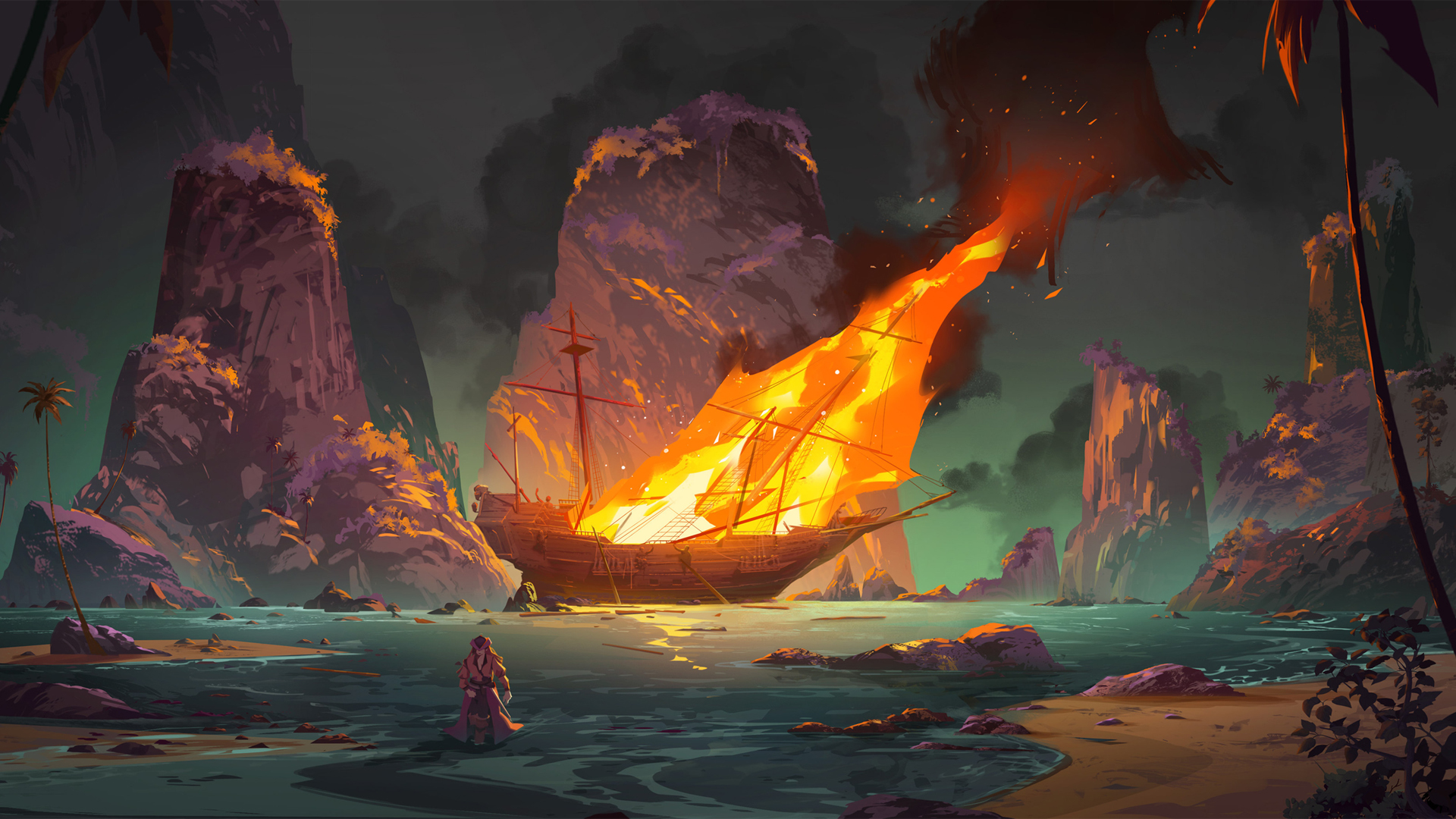 海盗女孩 插图绘画 船只 水 海滩 棕榈树 火焰 桌面壁纸,第1张